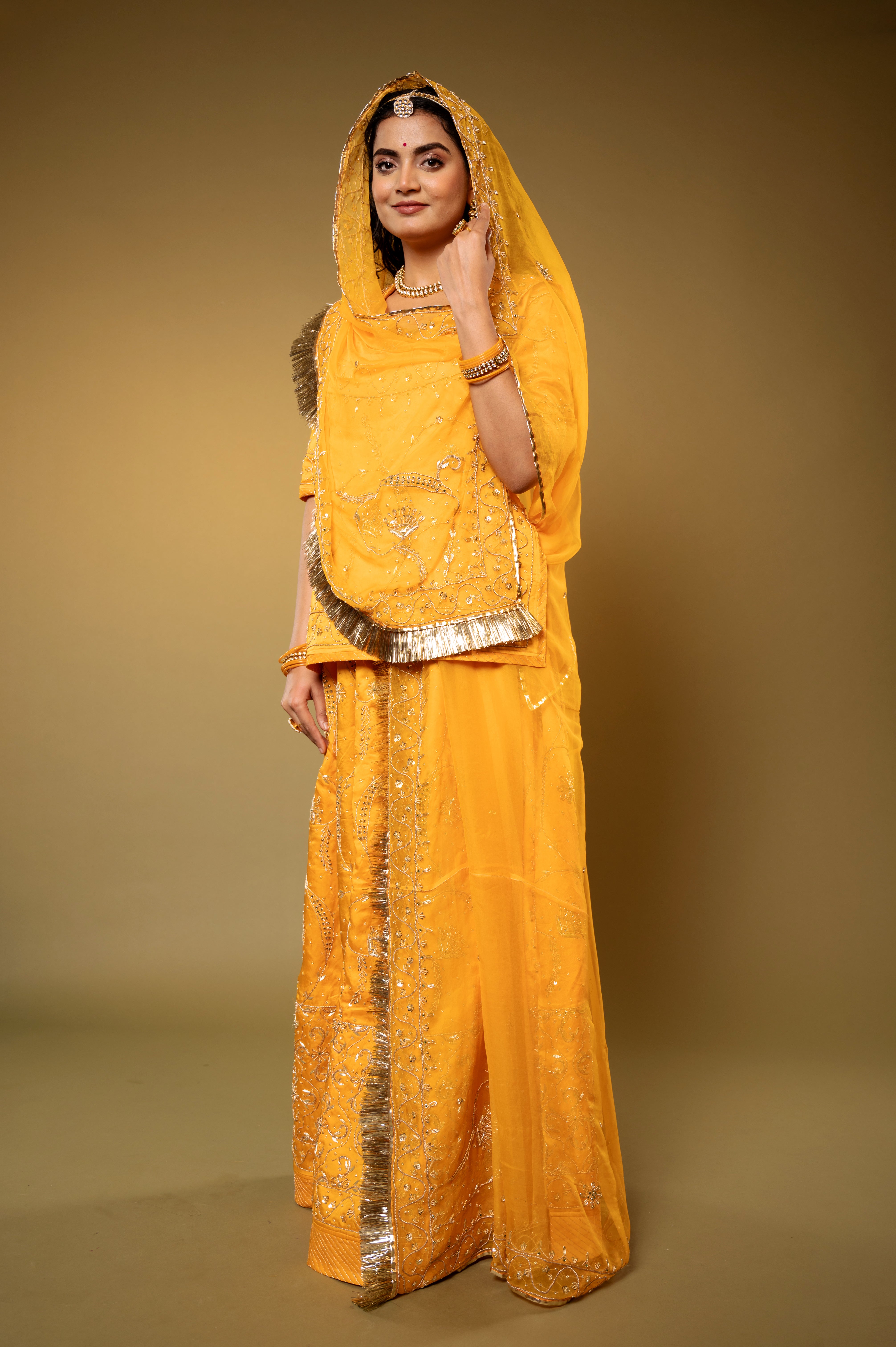 Yellow Bamber Satin Zardozi handwork Rajputi Poshak with Pure odhna