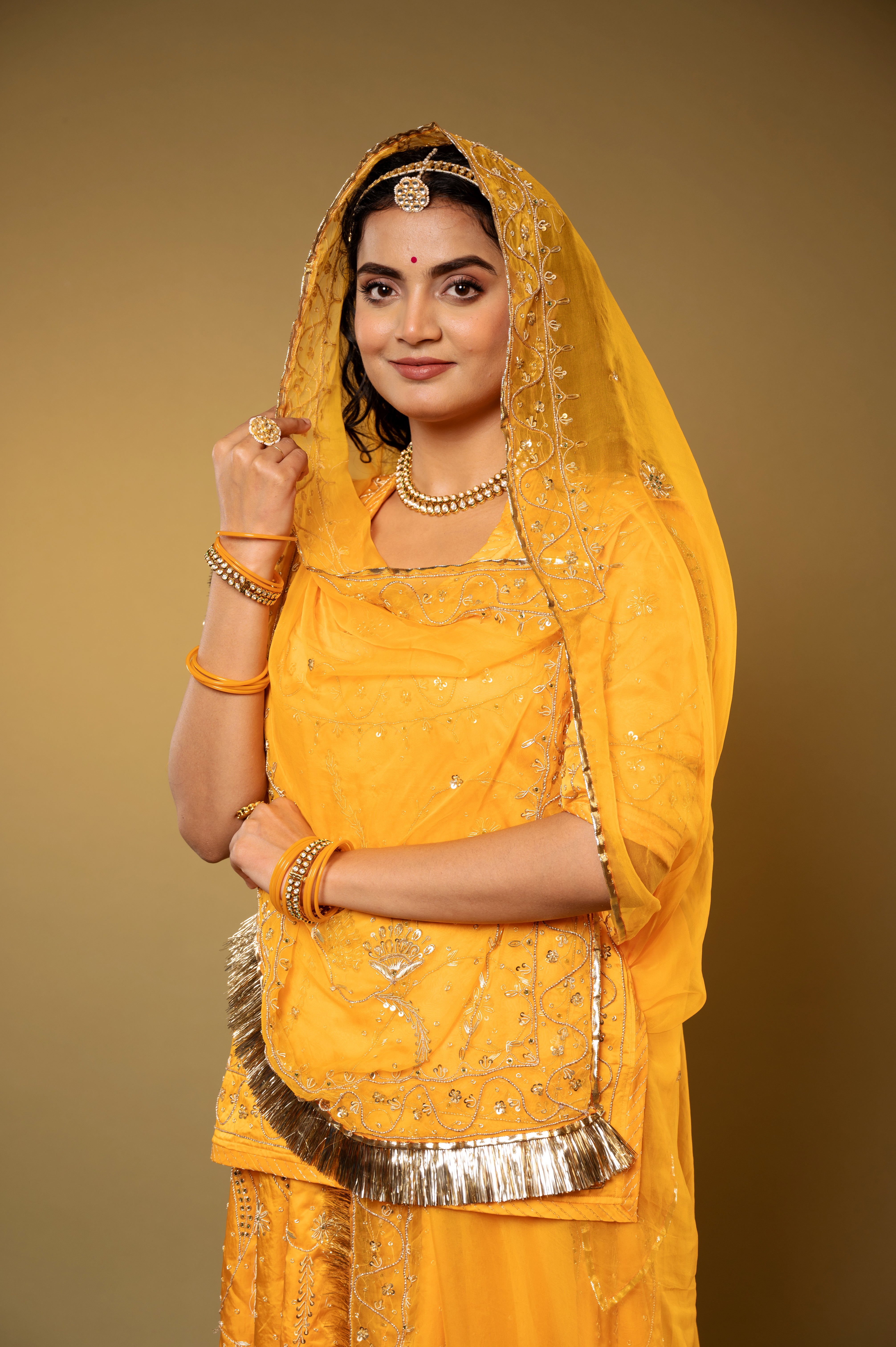Yellow Bamber Satin Zardozi handwork Rajputi Poshak with Pure odhna