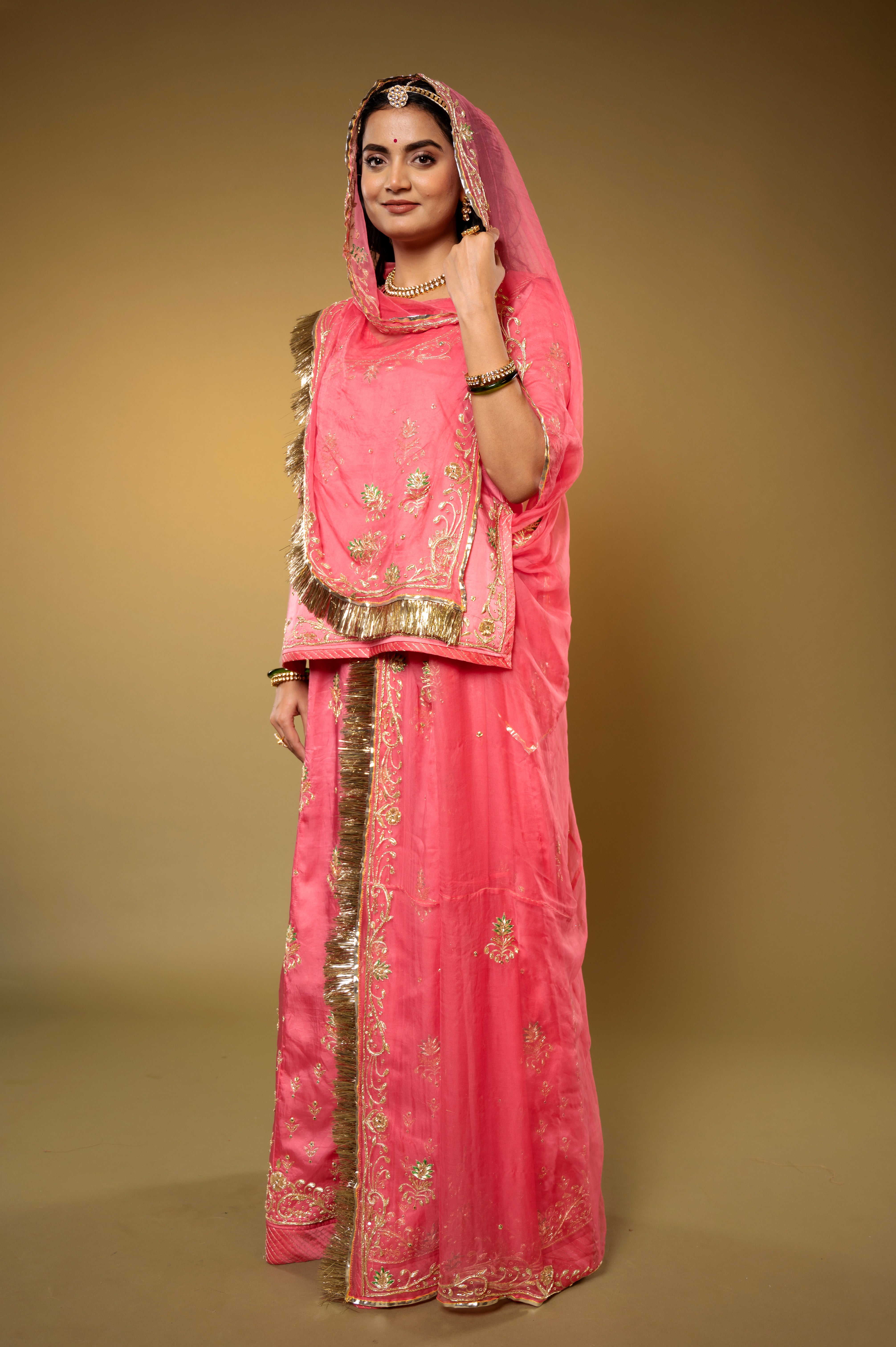 gajri bamber satin aari zardozi handwork Rajputi Poshak with Pure odhna