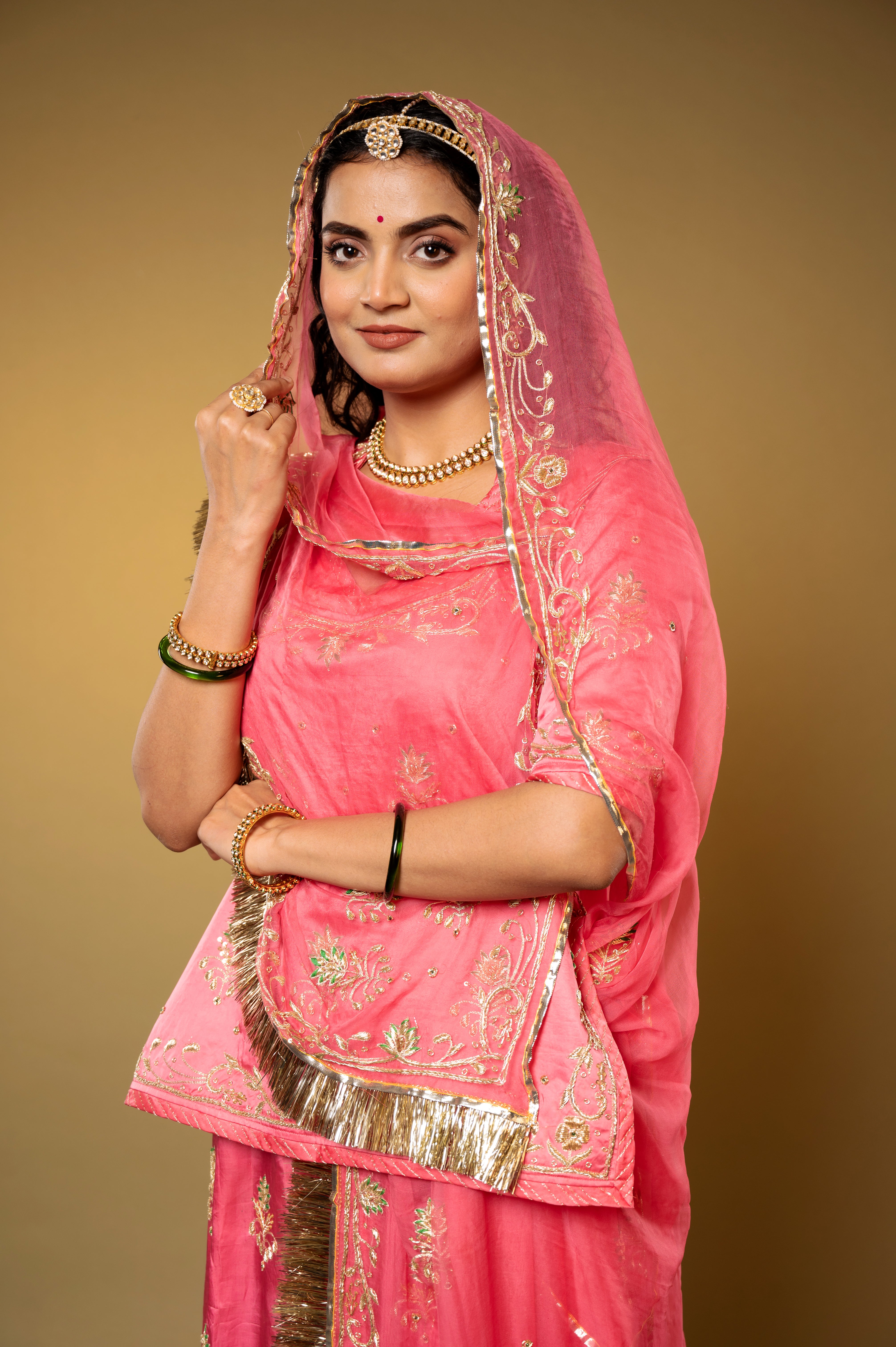 gajri bamber satin aari zardozi handwork Rajputi Poshak with Pure odhna