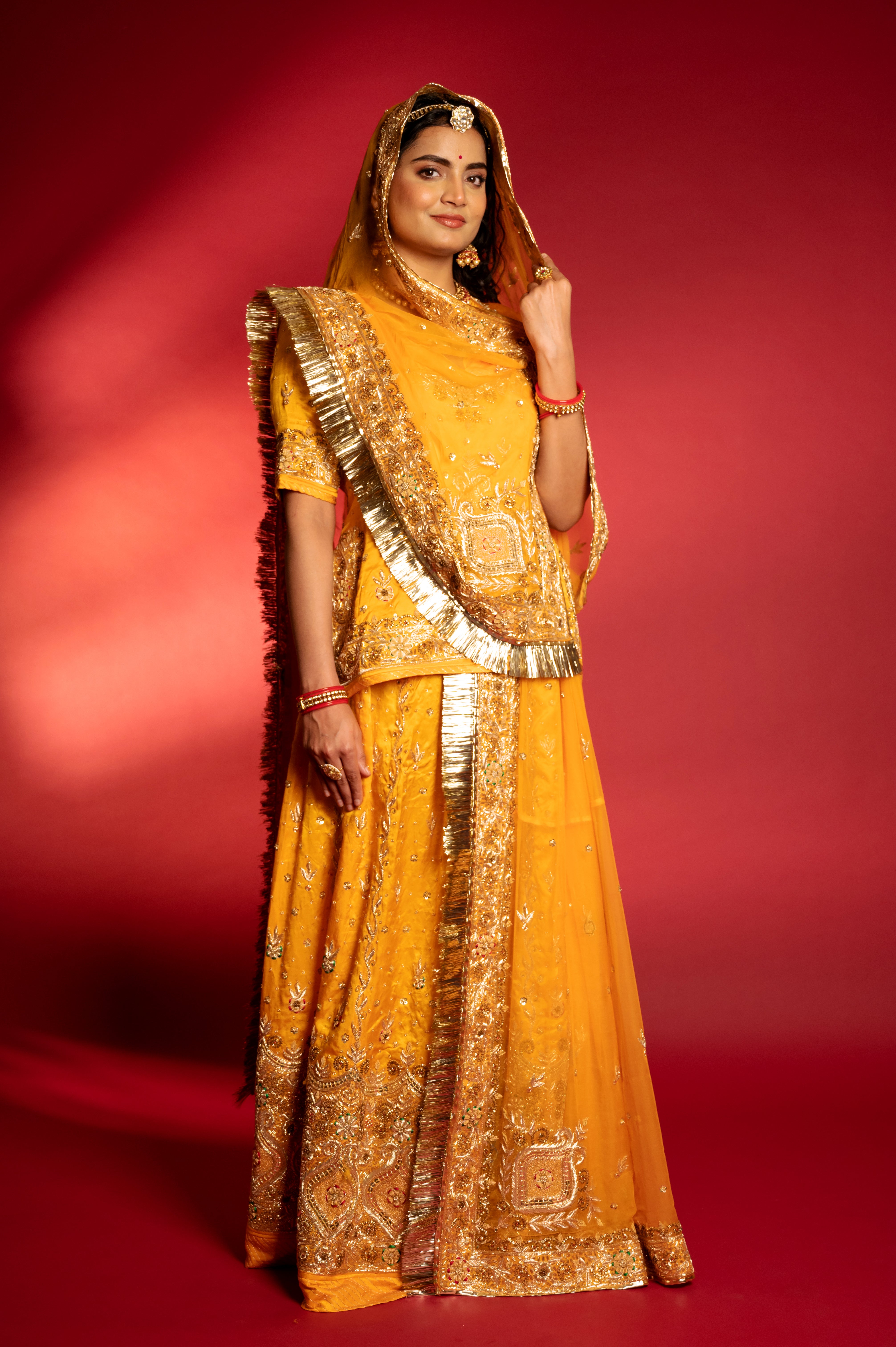 Yellow Pure Silk Satin aari zardozi handwork Rajputi Poshak with Pure odhna