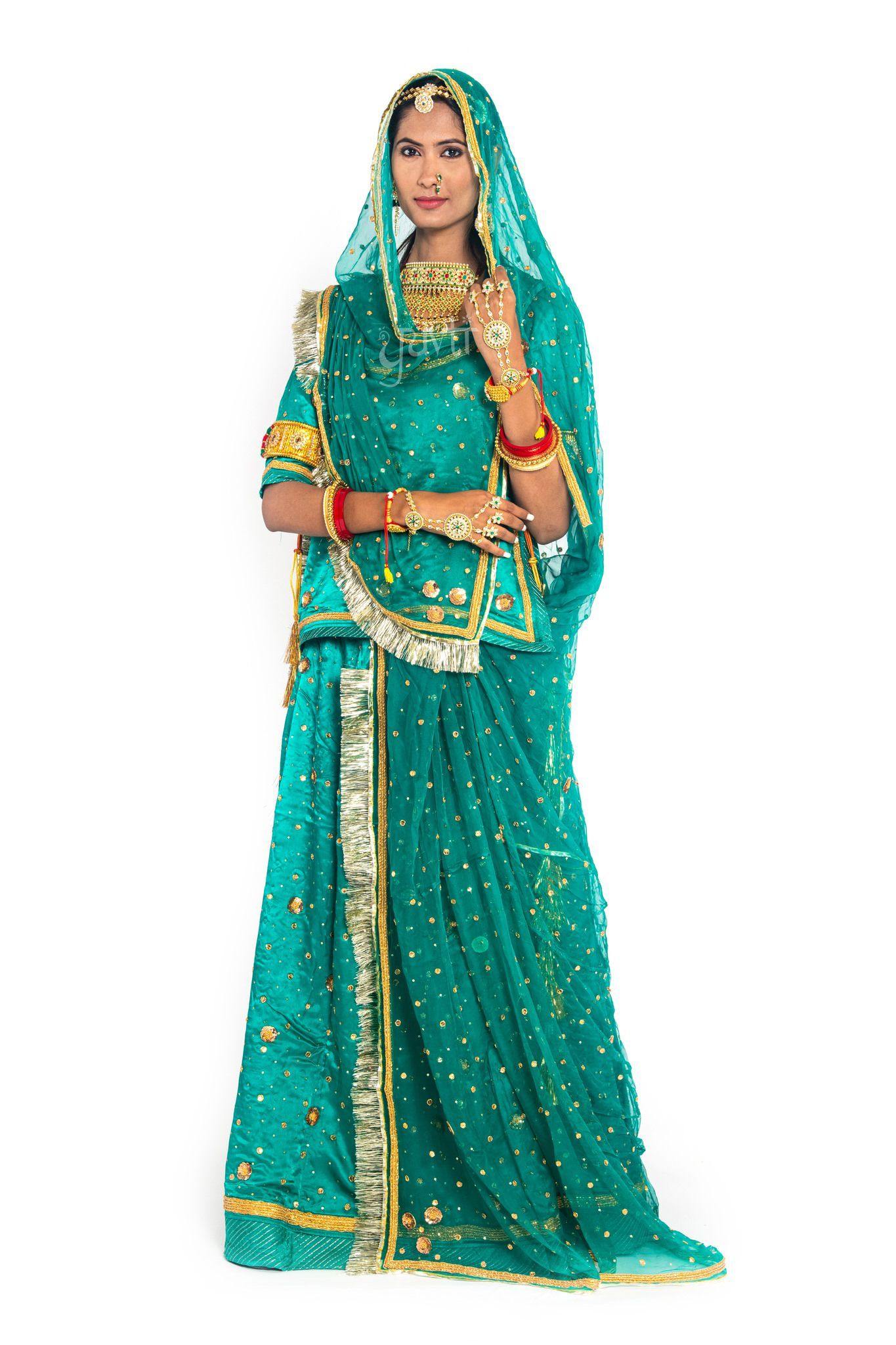 Rama green bamber satin zardozi sequins handwork poshak with pure odhna