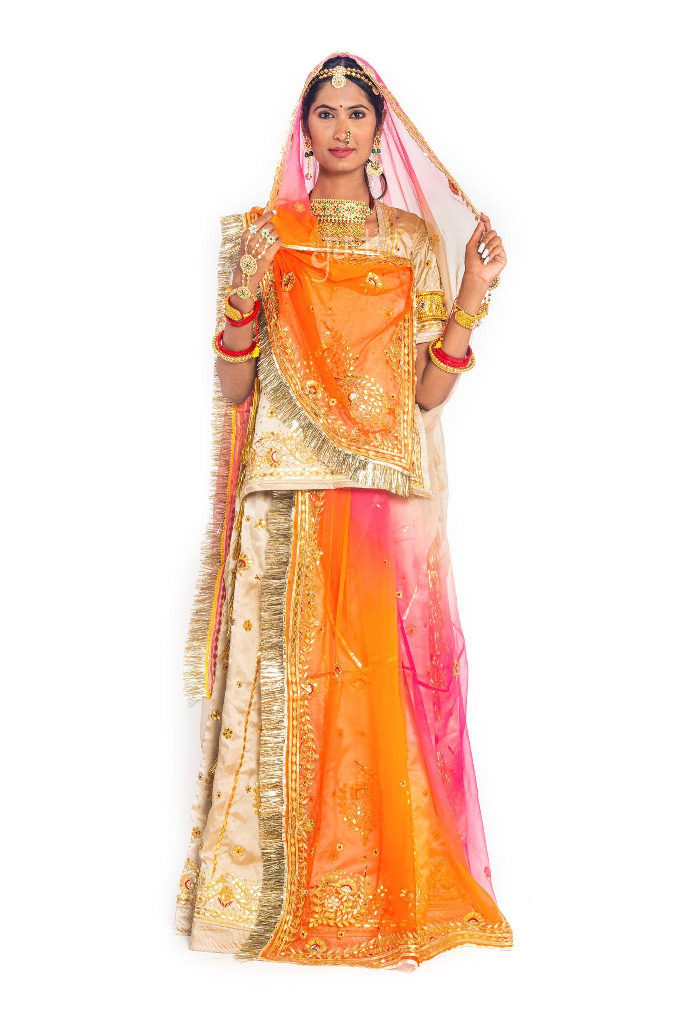 light peach bamber satin gota patti handwork poshak with pure odhna