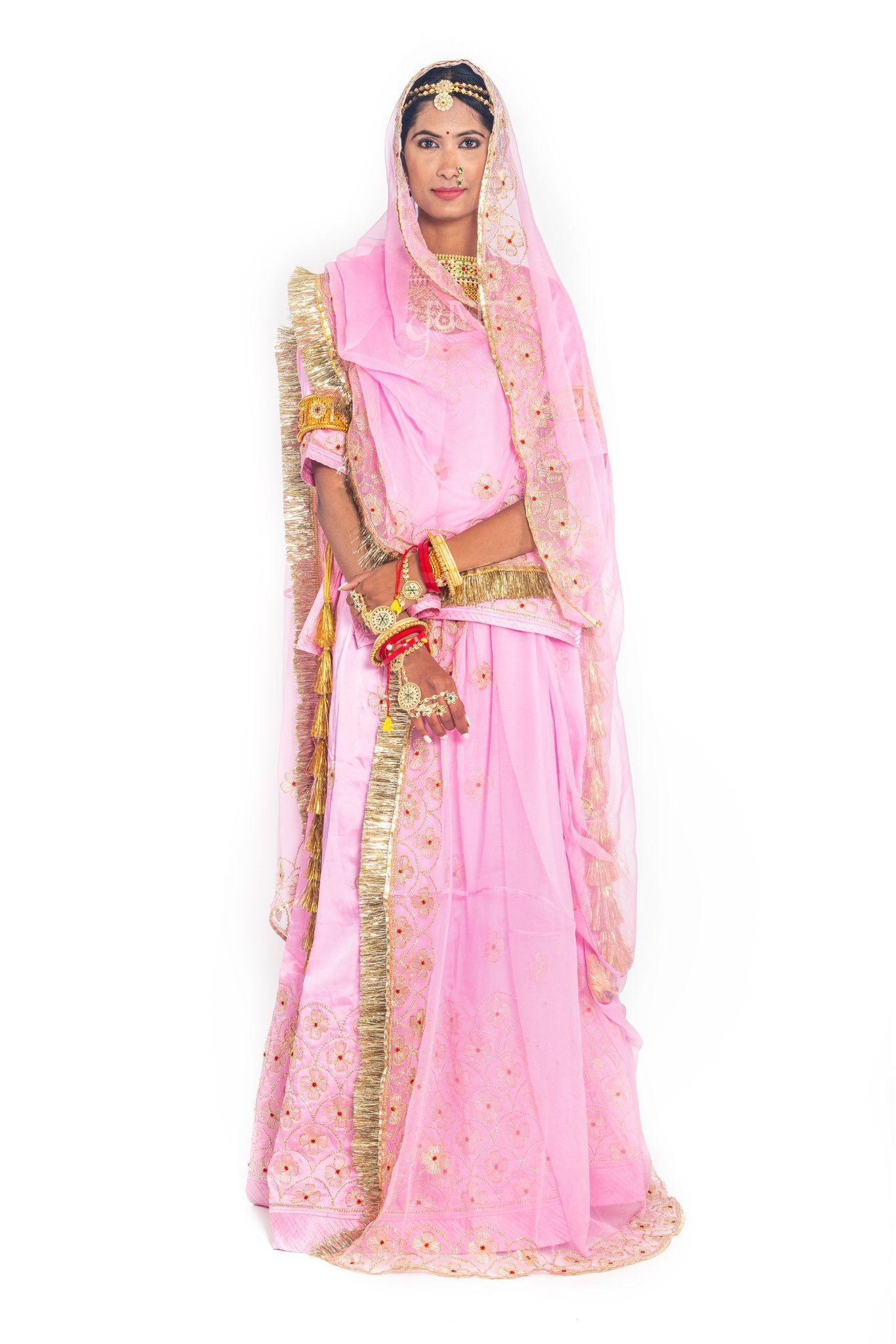 Pink bamber satin aari sequins handwork poshak with pure odhna