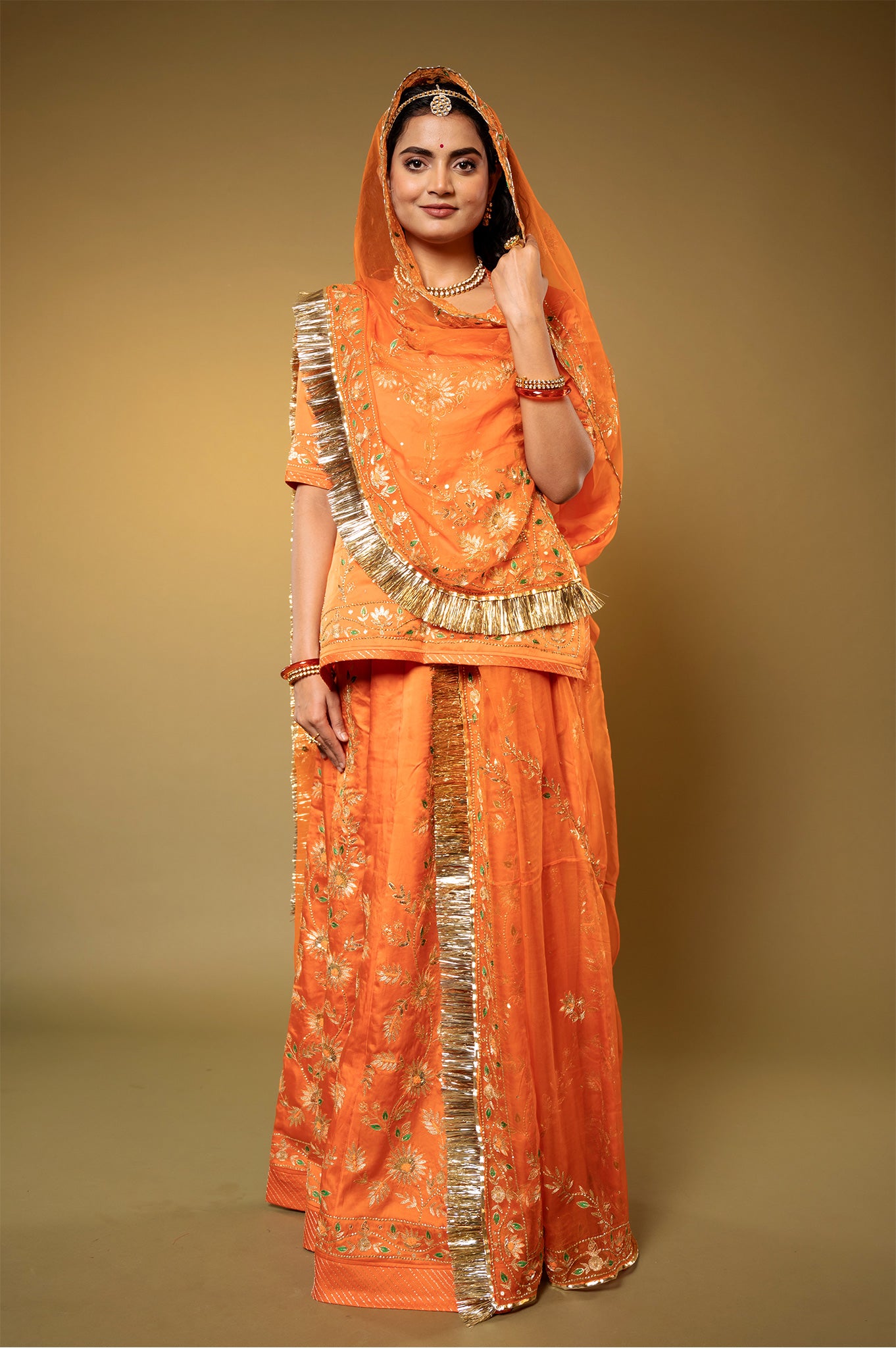 Rust Orange Bamber Satin Aari Sequins handwork Rajputi Poshak with Pure odhna