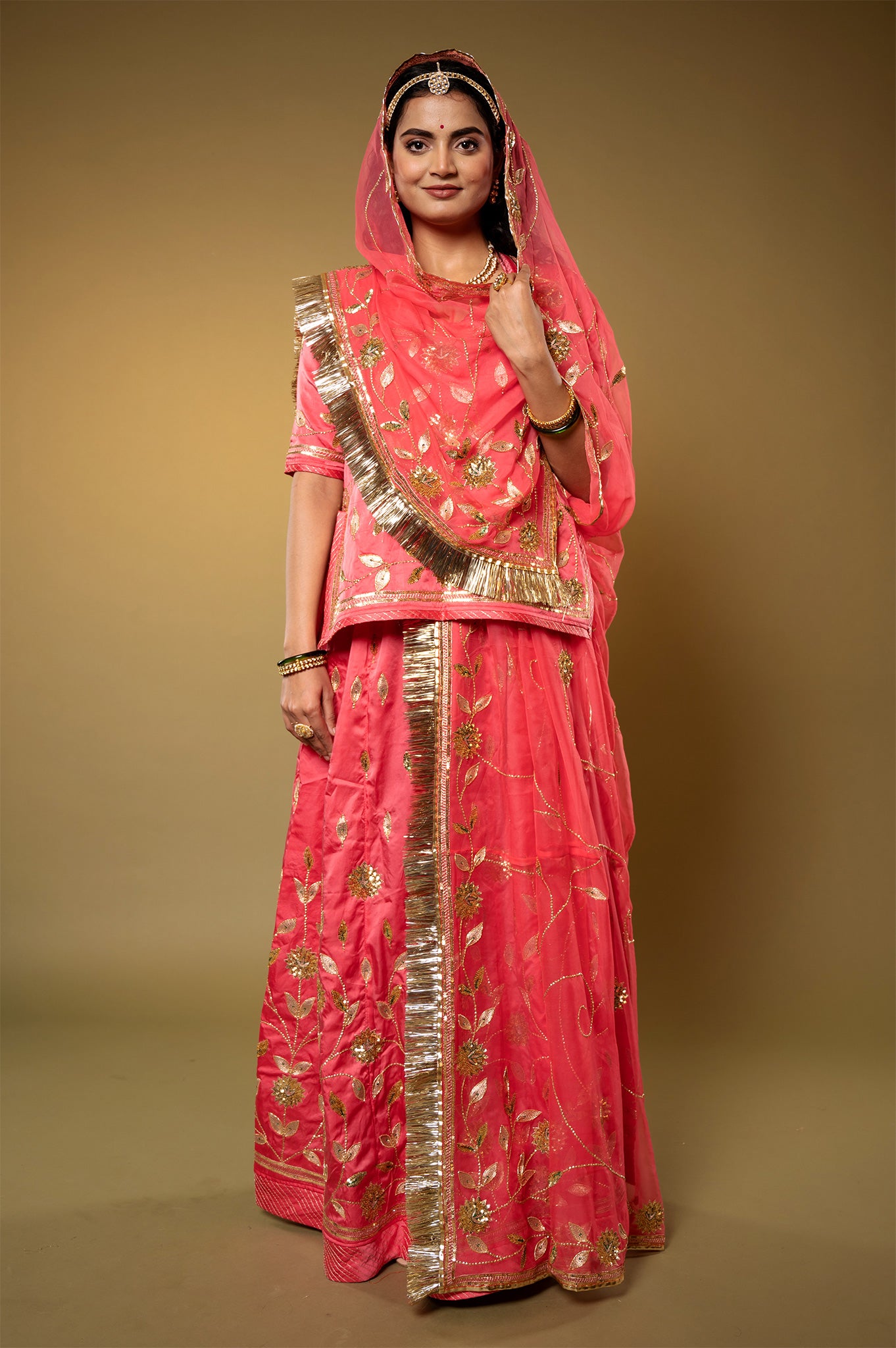 gajri bamber satin aari sequins handwork Rajputi Poshak with Pure odhna