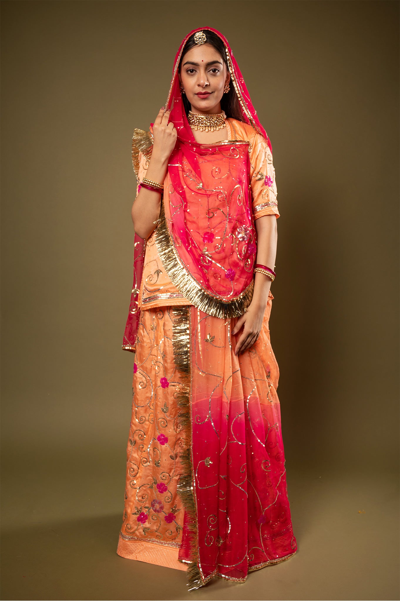 Peach Multi Odhana bamber satin sequins jaal handwork Rajputi Poshak with Pure odhna