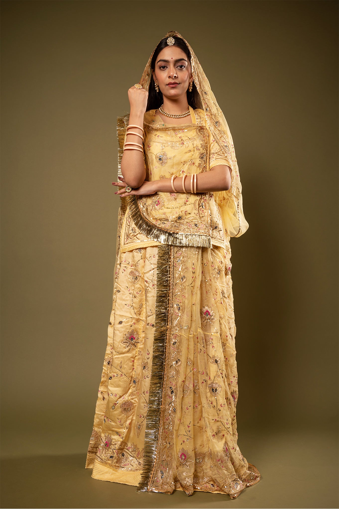 Light Yellow bamber satin Aari Sequins kardana Resham Jaal handwork Rajputi Poshak with Pure odhna