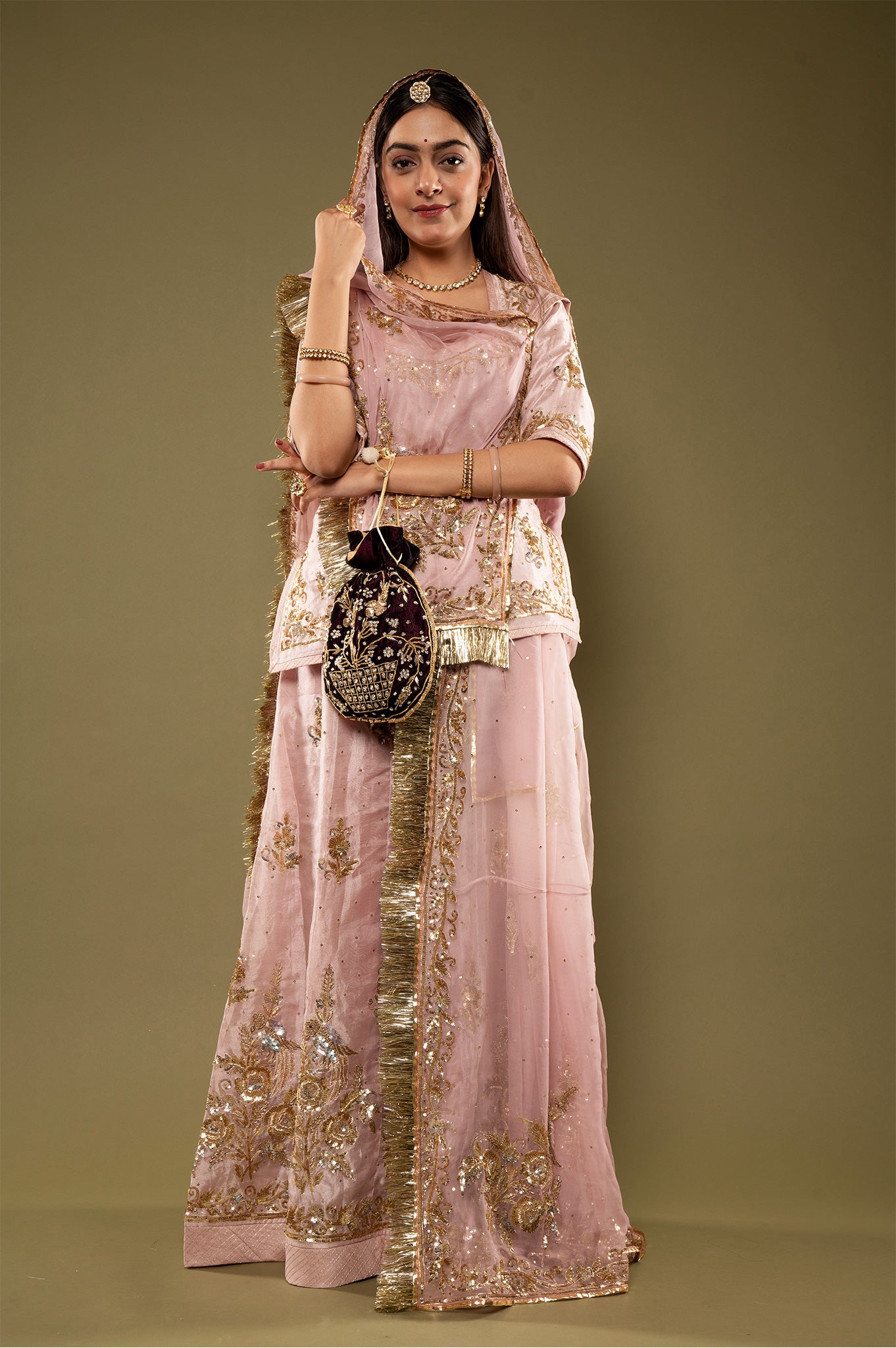 Light Pink Pure Tissue Sequins Kardana Zardozi Border Butti handwork Rajputi Poshak with Pure odhna