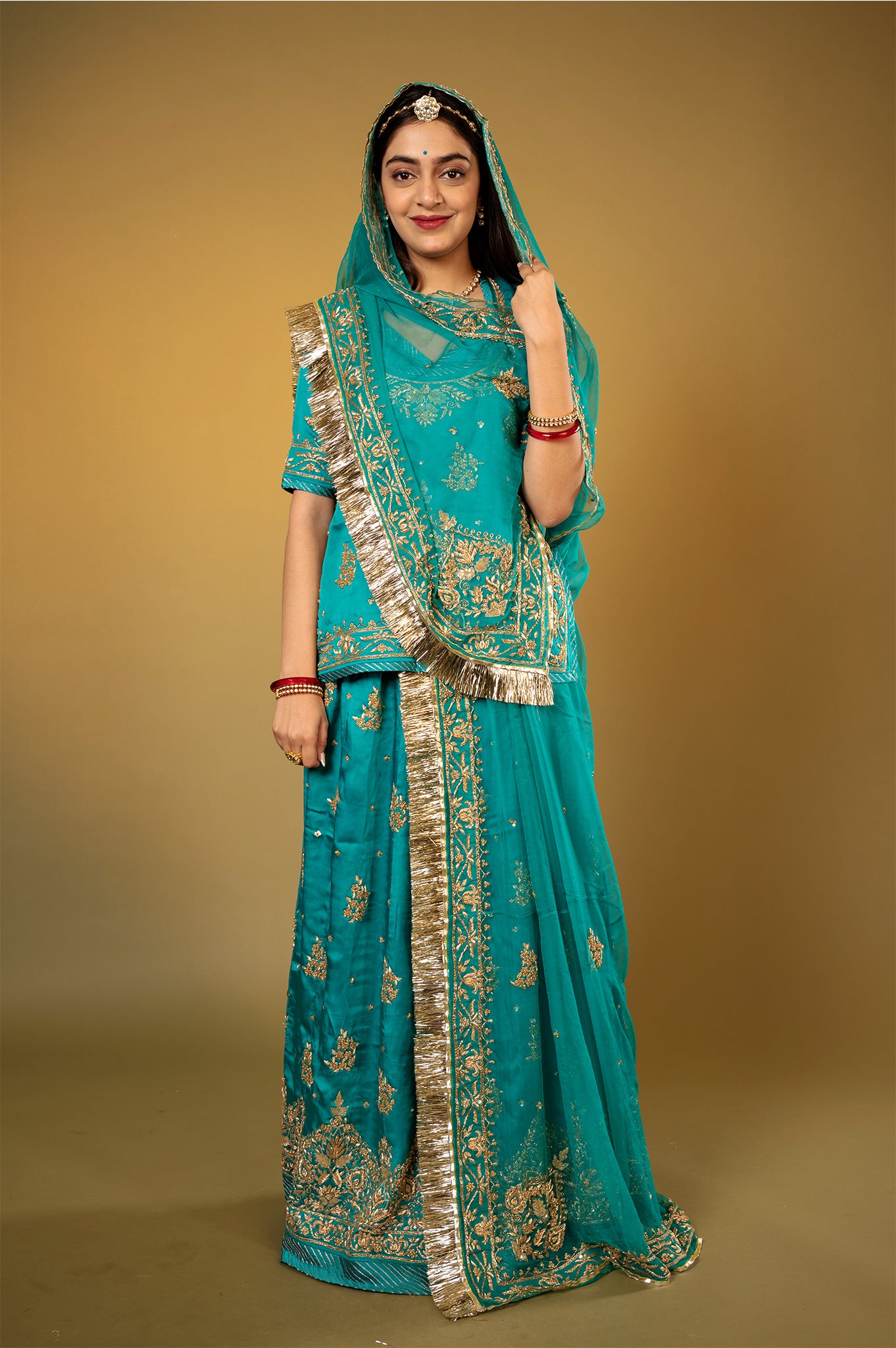 rama blue bamber satin zardozi handwork Rajputi Poshak with Pure odhna