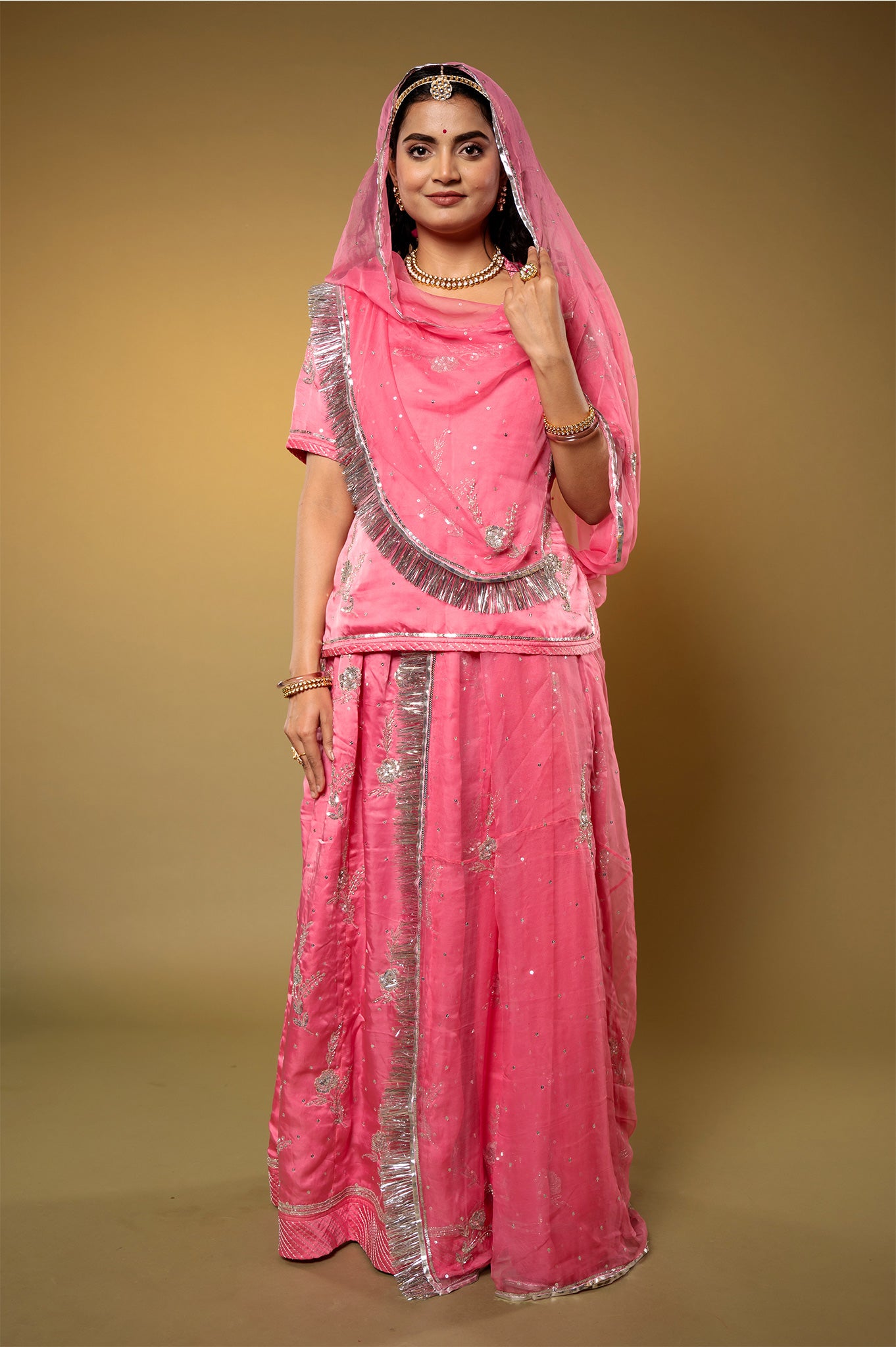 Pink bamber satin aari sequins kar dana handwork Rajputi Poshak with Pure odhna