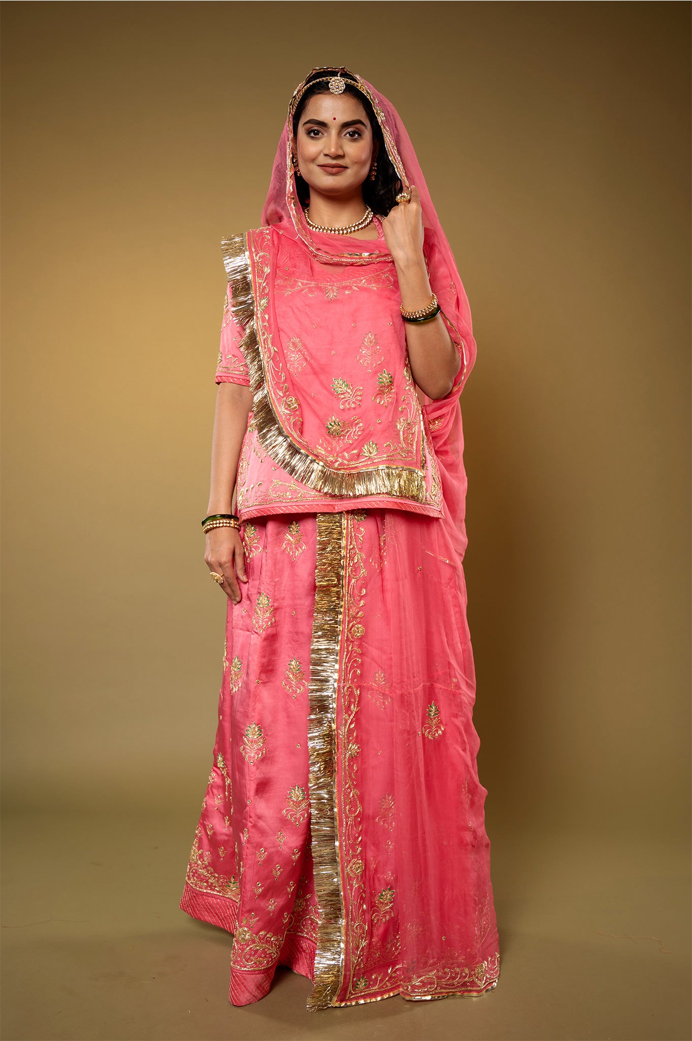 gajri bamber satin aari zardozi handwork Rajputi Poshak with Pure odhna