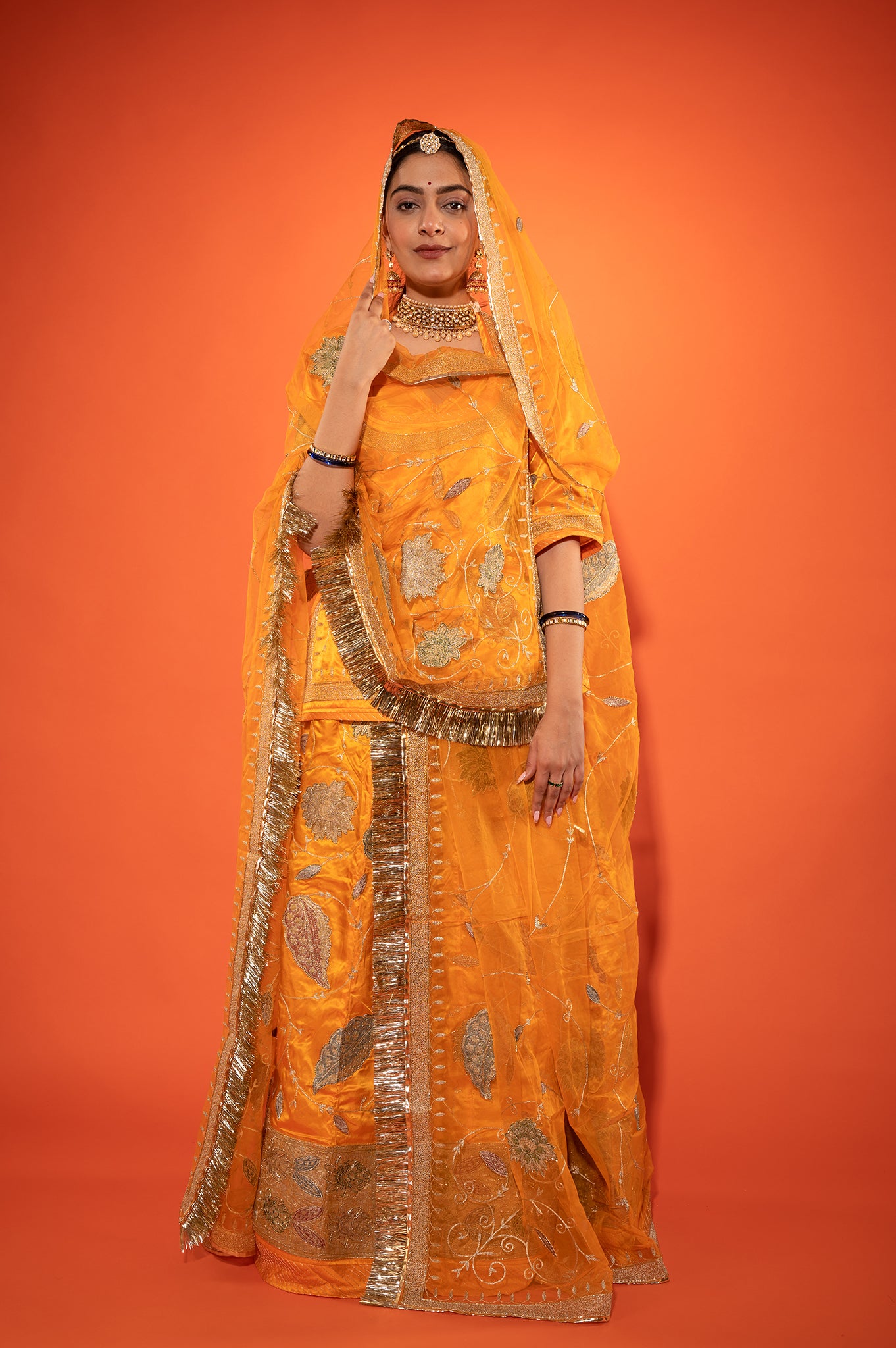 Yellow Kesari Pure Silk Satin Real Silver Chanderi Handwork Rajputi Poshak with Pure odhna