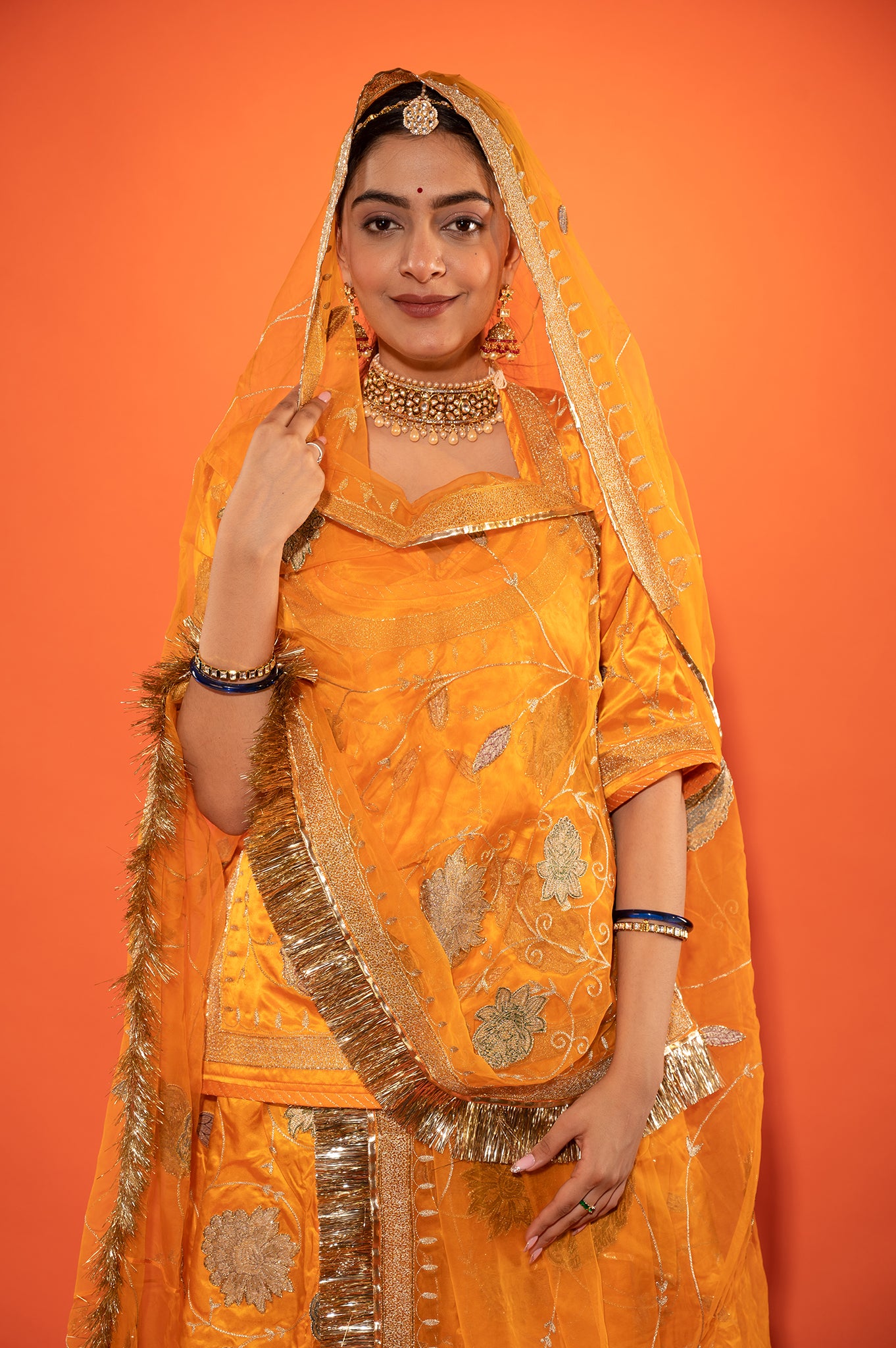 Yellow Kesari Pure Silk Satin Real Silver Chanderi Handwork Rajputi Poshak with Pure odhna