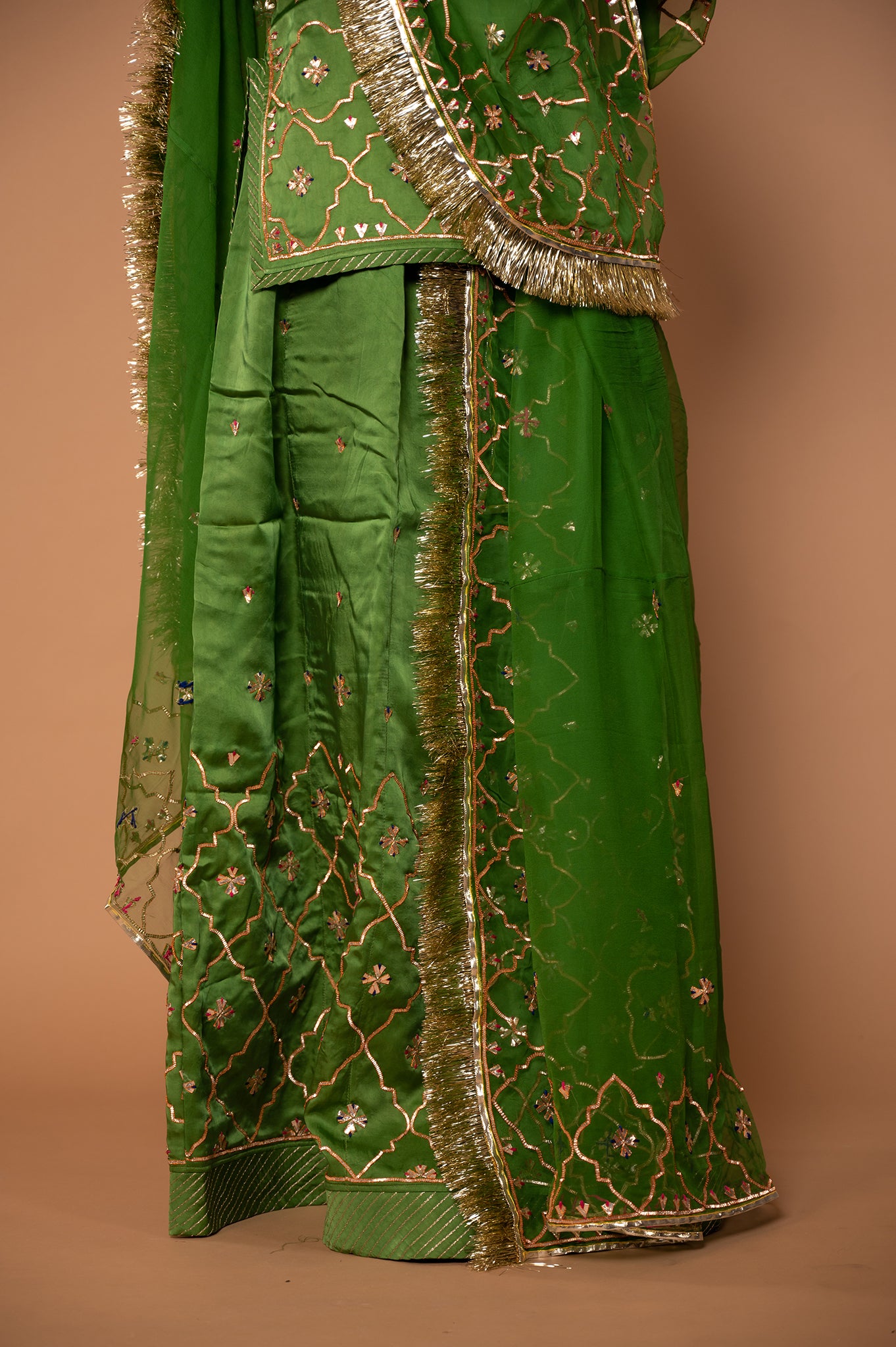 Green Pure Silk Satin Real Silver Sikhiya Handwork Rajputi Poshak with Pure odhna