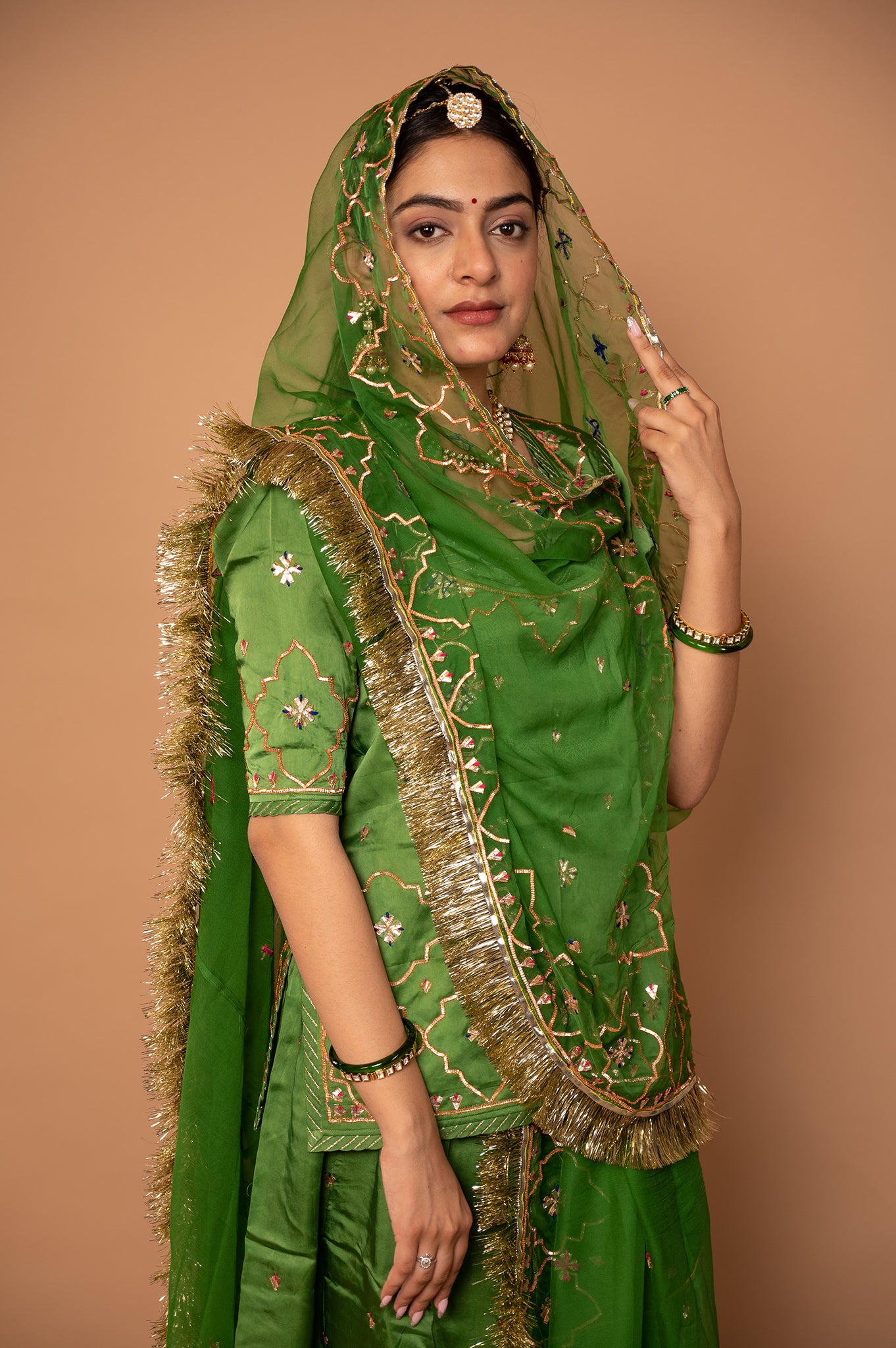 Green Pure Silk Satin Real Silver Sikhiya Handwork Rajputi Poshak with Pure odhna