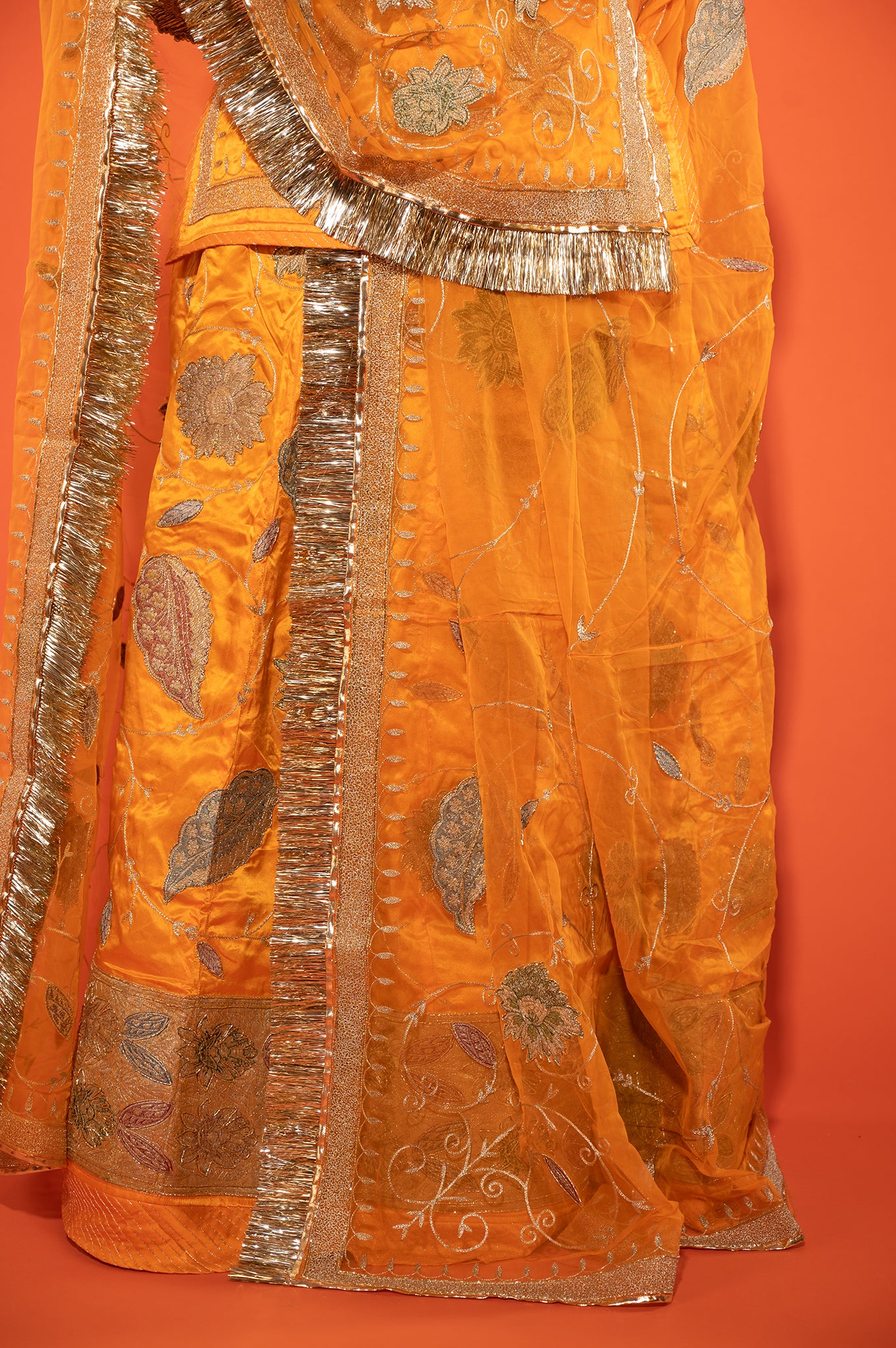 Yellow Kesari Pure Silk Satin Real Silver Chanderi Handwork Rajputi Poshak with Pure odhna