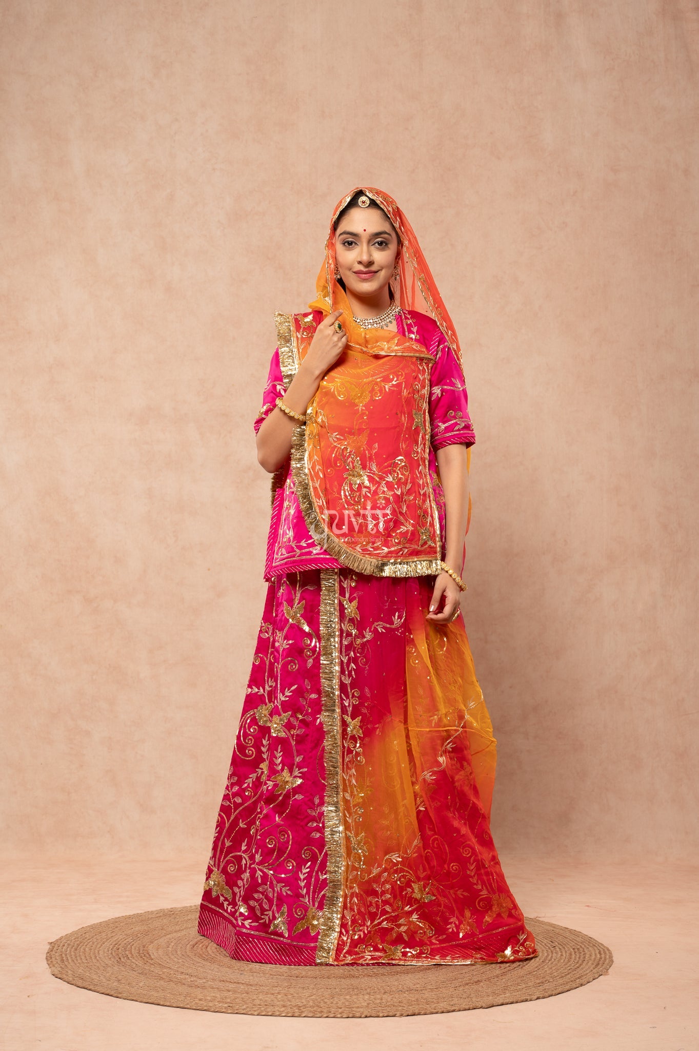 Rani Bamber Satin Aari Sequins Handwork Poshak with Pure Multi Odhana (unstitched)