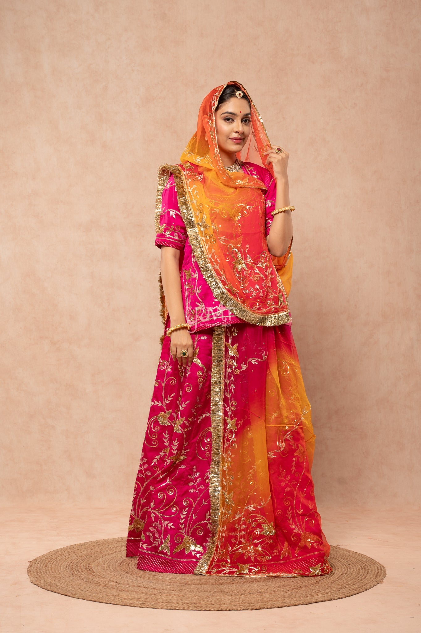 Rani Bamber Satin Aari Sequins Handwork Poshak with Pure Multi Odhana (unstitched)