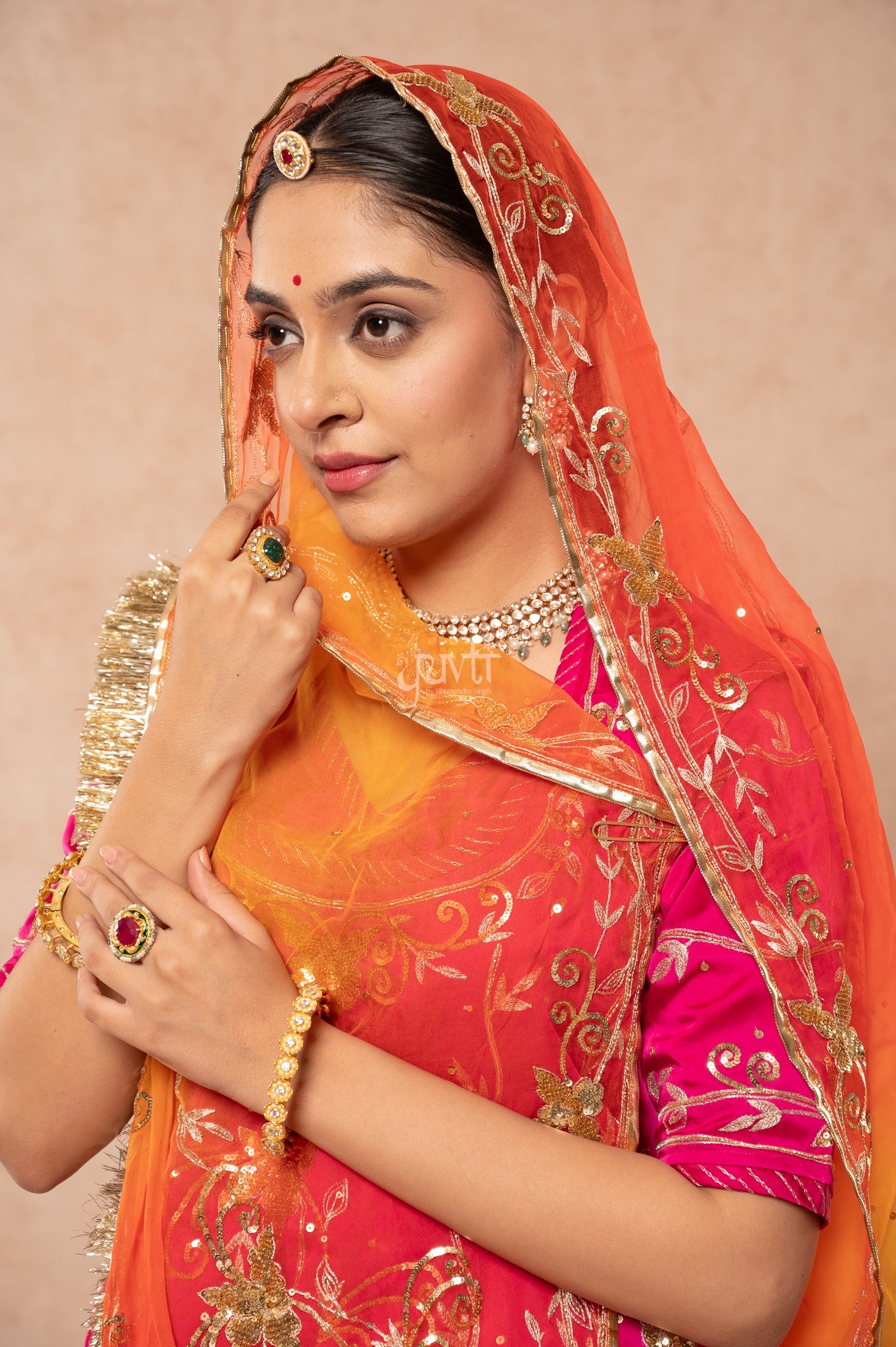 Rani Bamber Satin Aari Sequins Handwork Poshak with Pure Multi Odhana (unstitched)