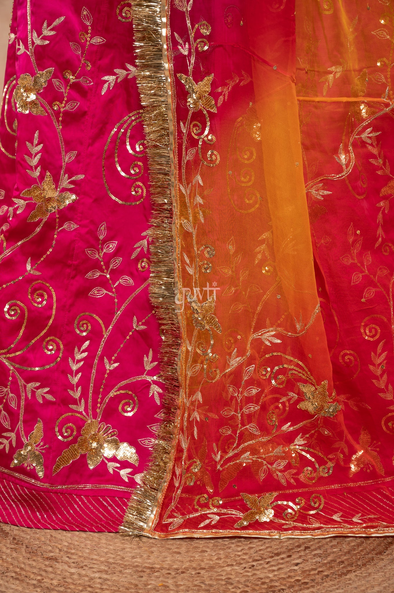 Rani Bamber Satin Aari Sequins Handwork Poshak with Pure Multi Odhana (unstitched)