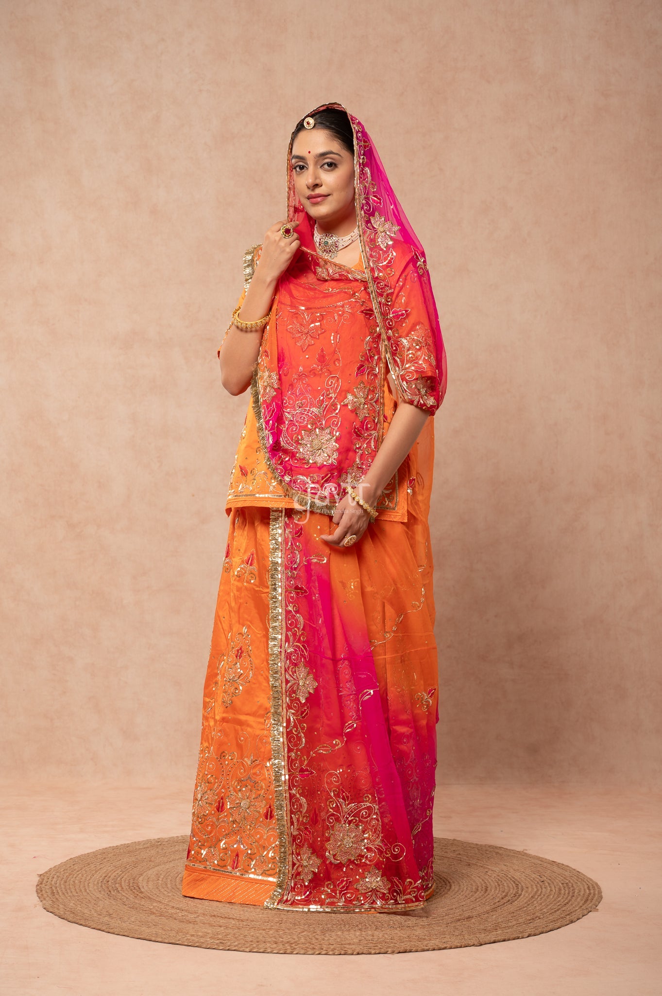 Orange Bamber Satin Aari Sequins Resham Zardozi Handwork Poshak with Pure Multi Odhana (unstitched)