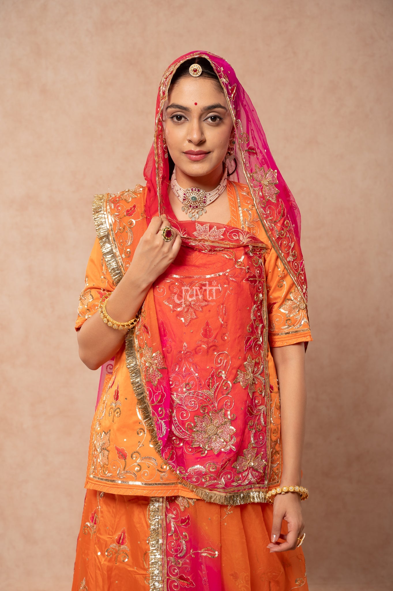Orange Bamber Satin Aari Sequins Resham Zardozi Handwork Poshak with Pure Multi Odhana (unstitched)