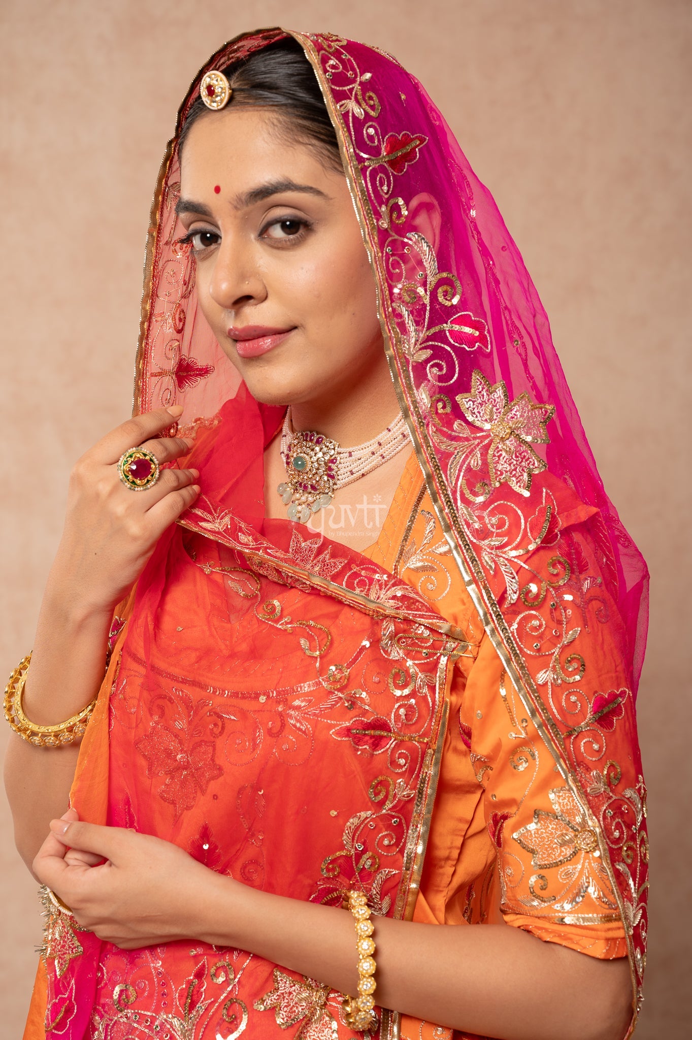 Orange Bamber Satin Aari Sequins Resham Zardozi Handwork Poshak with Pure Multi Odhana (unstitched)