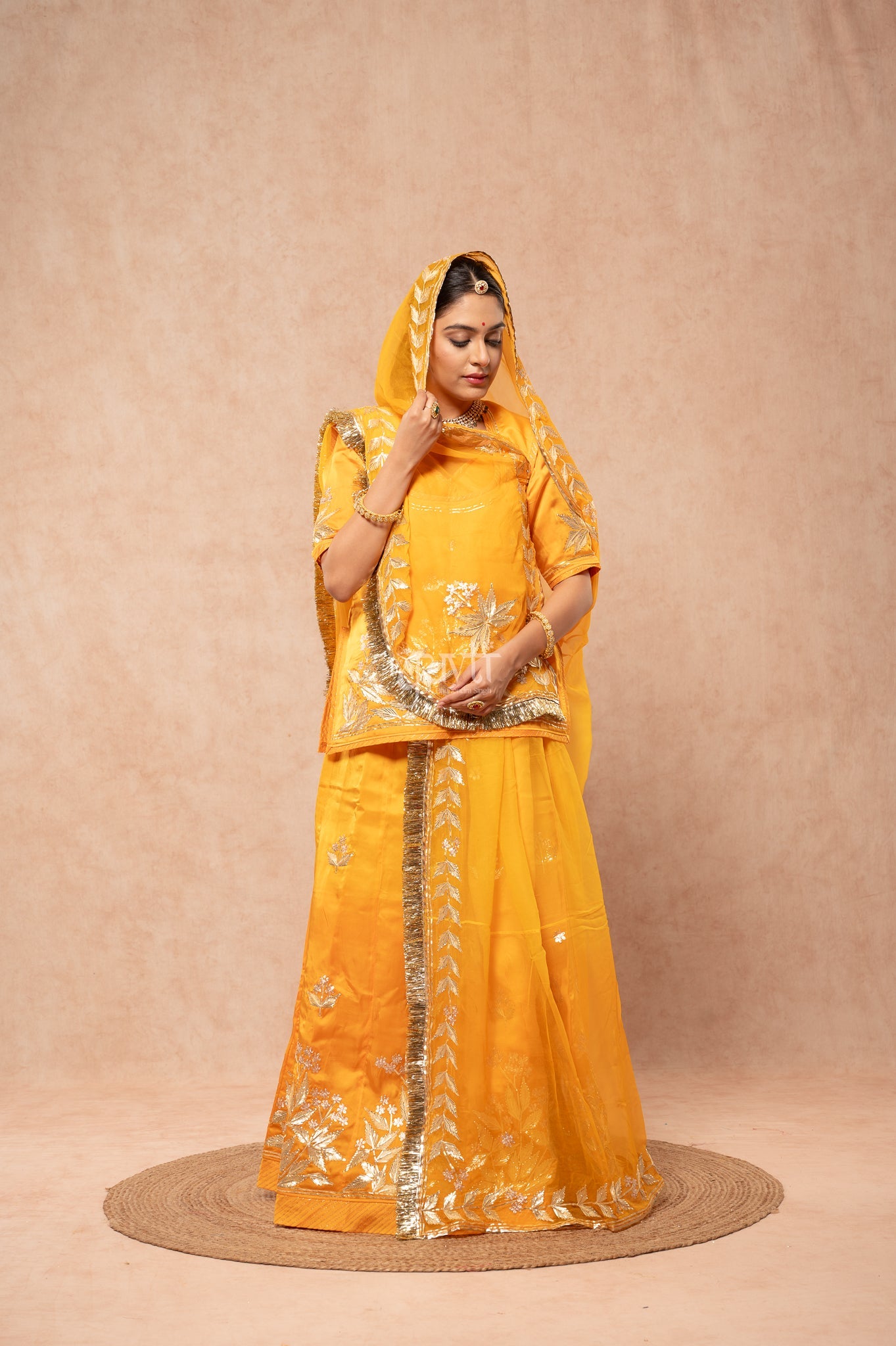 Yellow Bamber Satin Sikhiya Gotta Pitan work Poshak with Pure Odhana (unstitched)