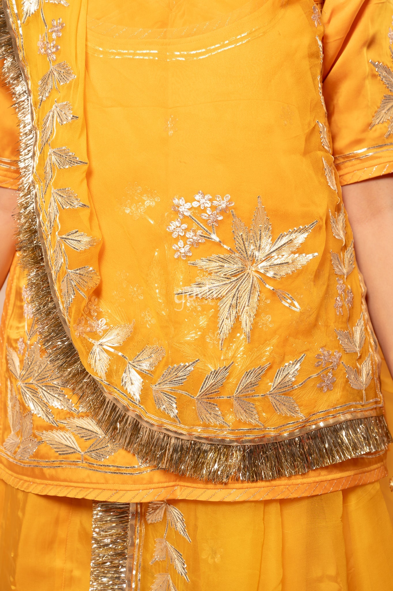 Yellow Bamber Satin Sikhiya Gotta Pitan work Poshak with Pure Odhana (unstitched)