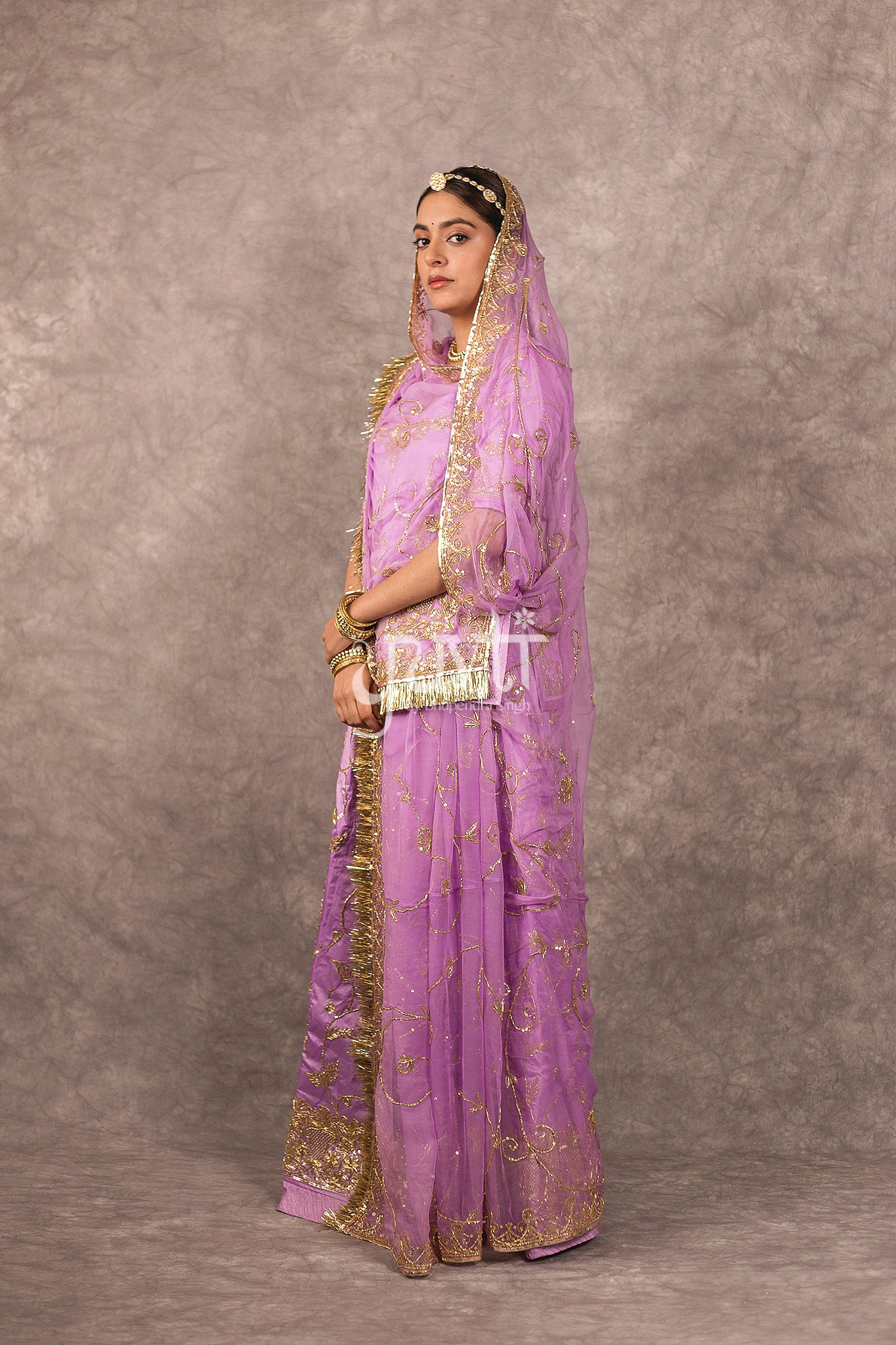 Lavender bamber satin Zardosi Dori Dabka Handwork Rajputi Poshak with Pure odhna