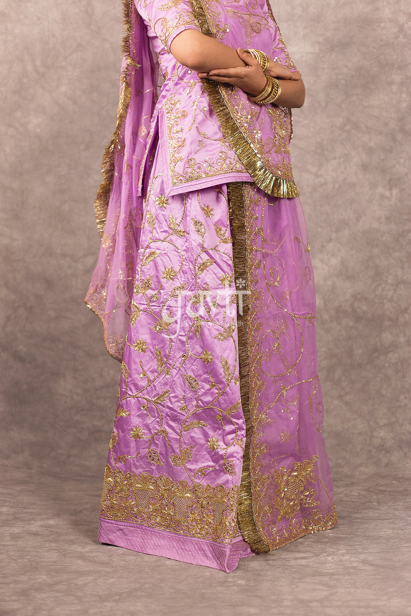 Lavender bamber satin Zardosi Dori Dabka Handwork Rajputi Poshak with Pure odhna