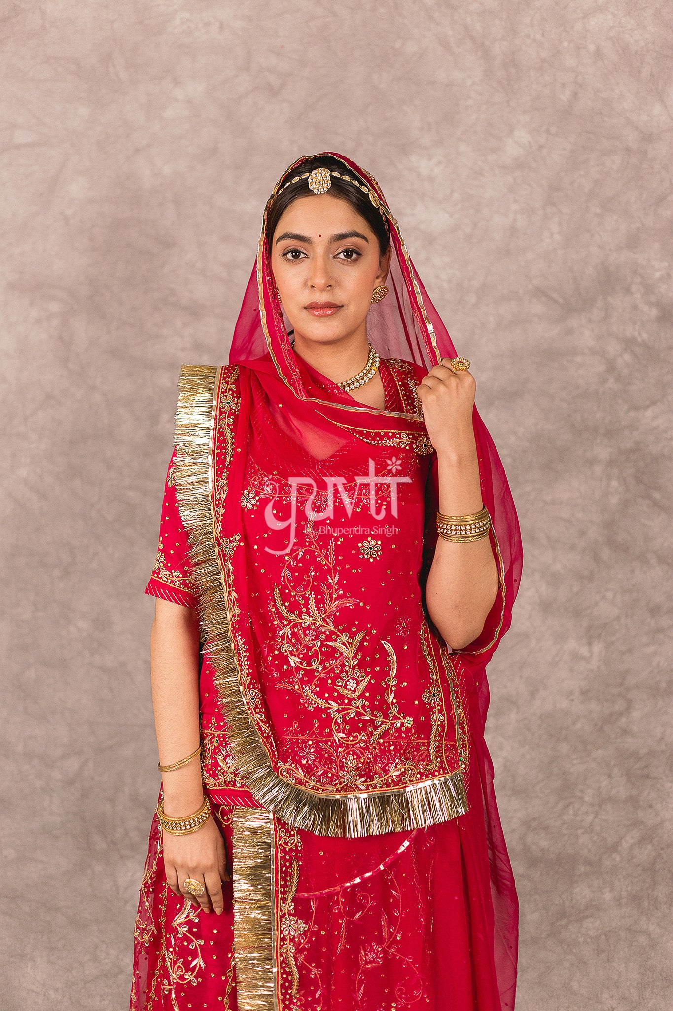 Red Pure Georgette Kundan Dori Dabka Rajputi Poshak