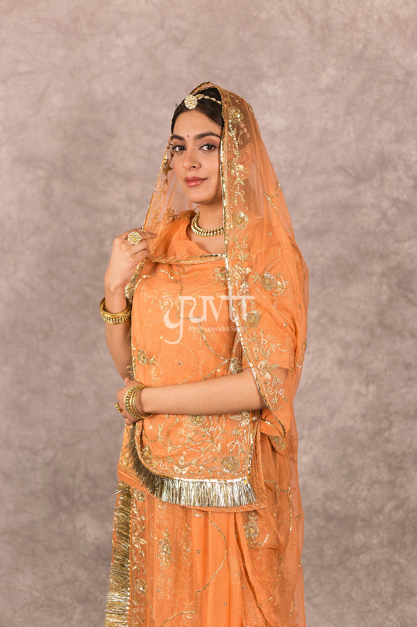 Rust Orange Pure Tissue Zardosi work Rajputi Poshak