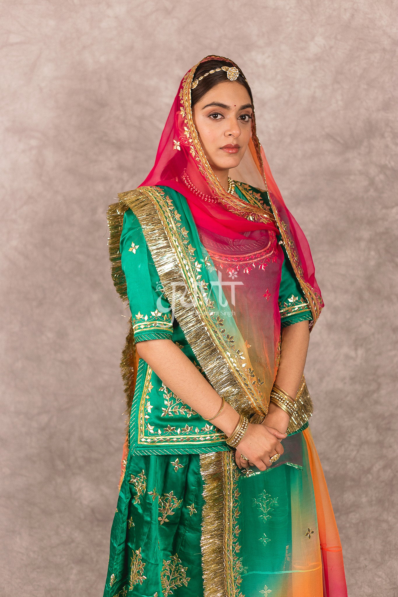 Green Bamber Satin Gota Patti Handwork Rajputi Poshak