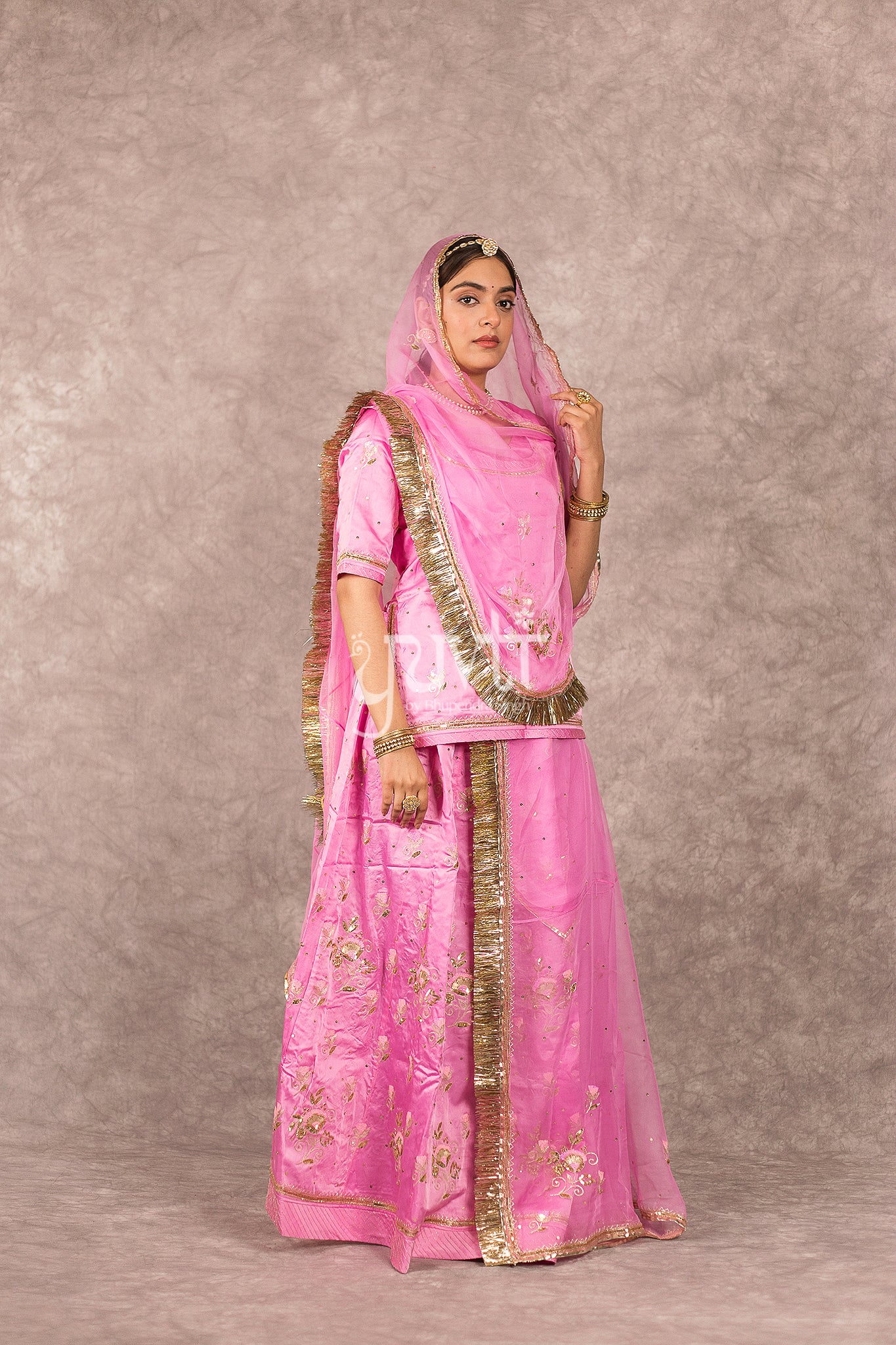 Pink bamber satin Aari Zardosi Handwork Rajputi Poshak with Pure odhna