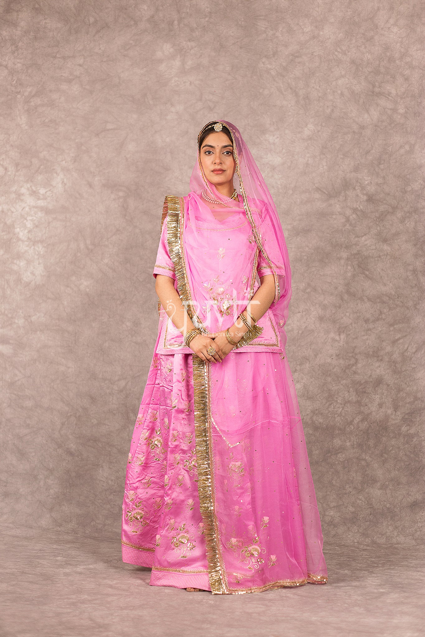 Pink bamber satin Aari Zardosi Handwork Rajputi Poshak with Pure odhna