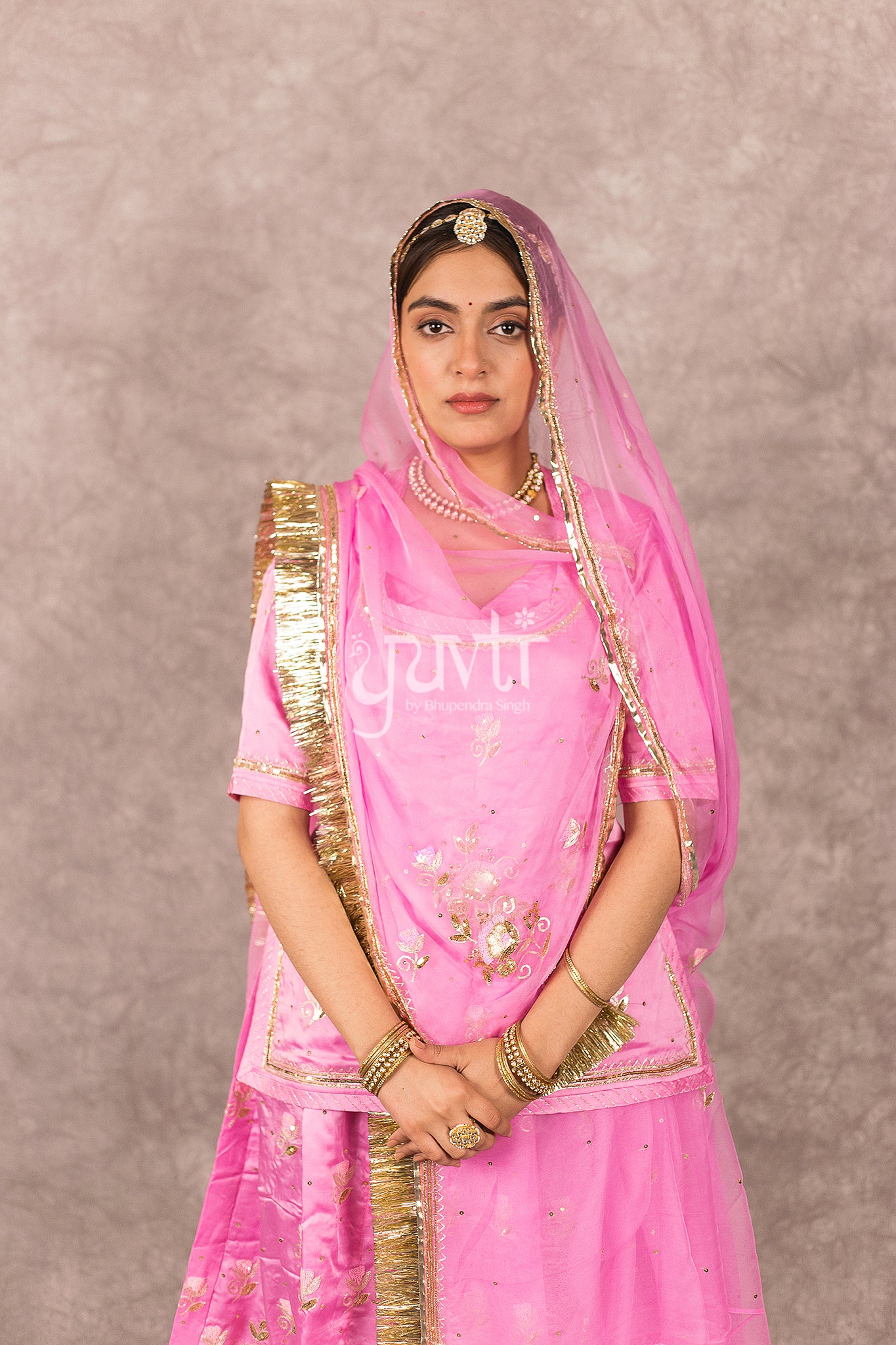 Pink bamber satin Aari Zardosi Handwork Rajputi Poshak with Pure odhna