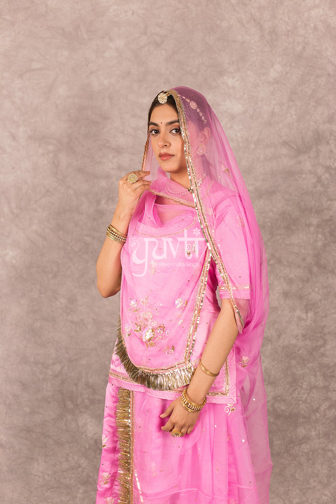 Pink bamber satin Aari Zardosi Handwork Rajputi Poshak with Pure odhna