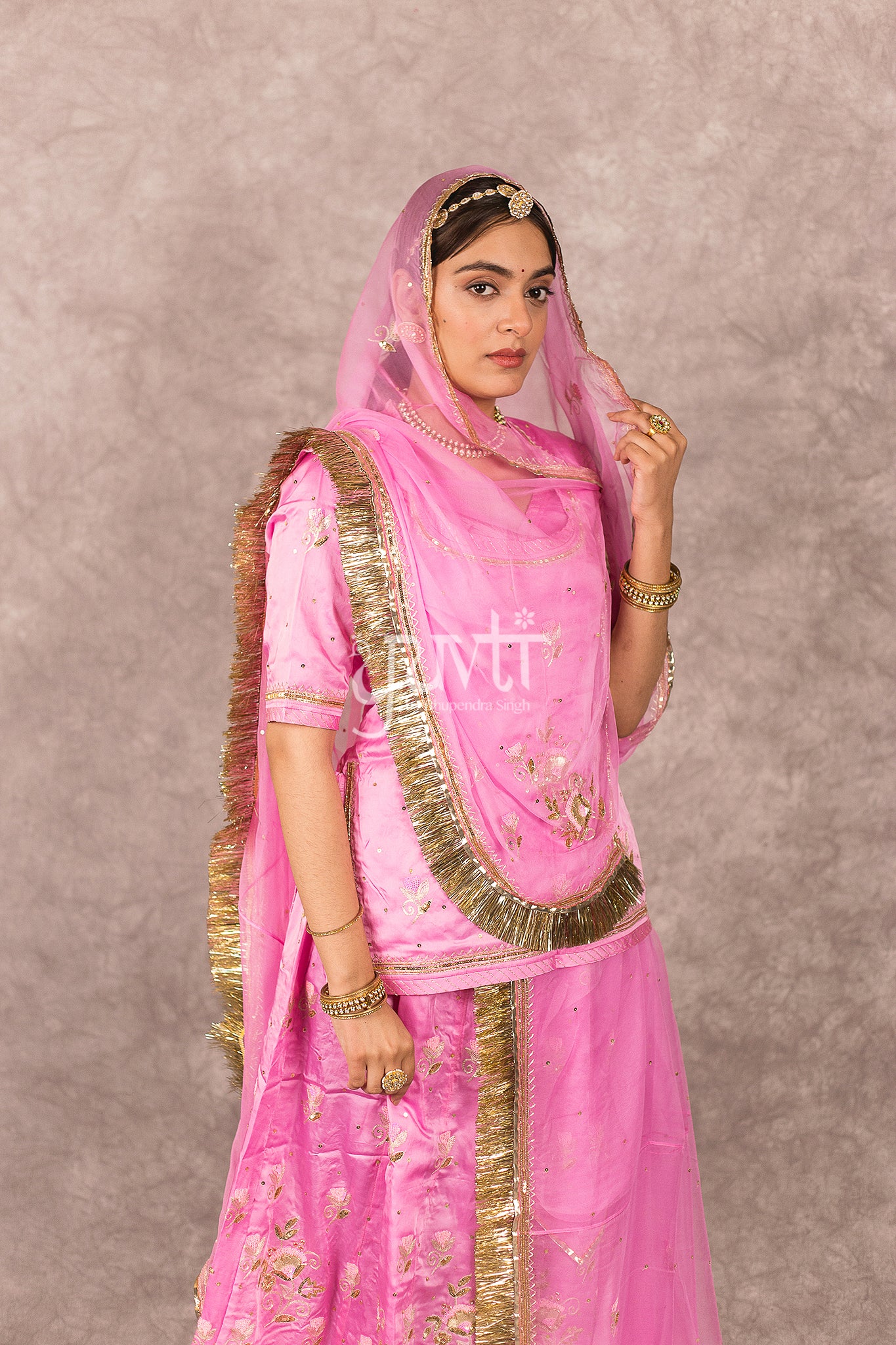 Pink bamber satin Aari Zardosi Handwork Rajputi Poshak with Pure odhna