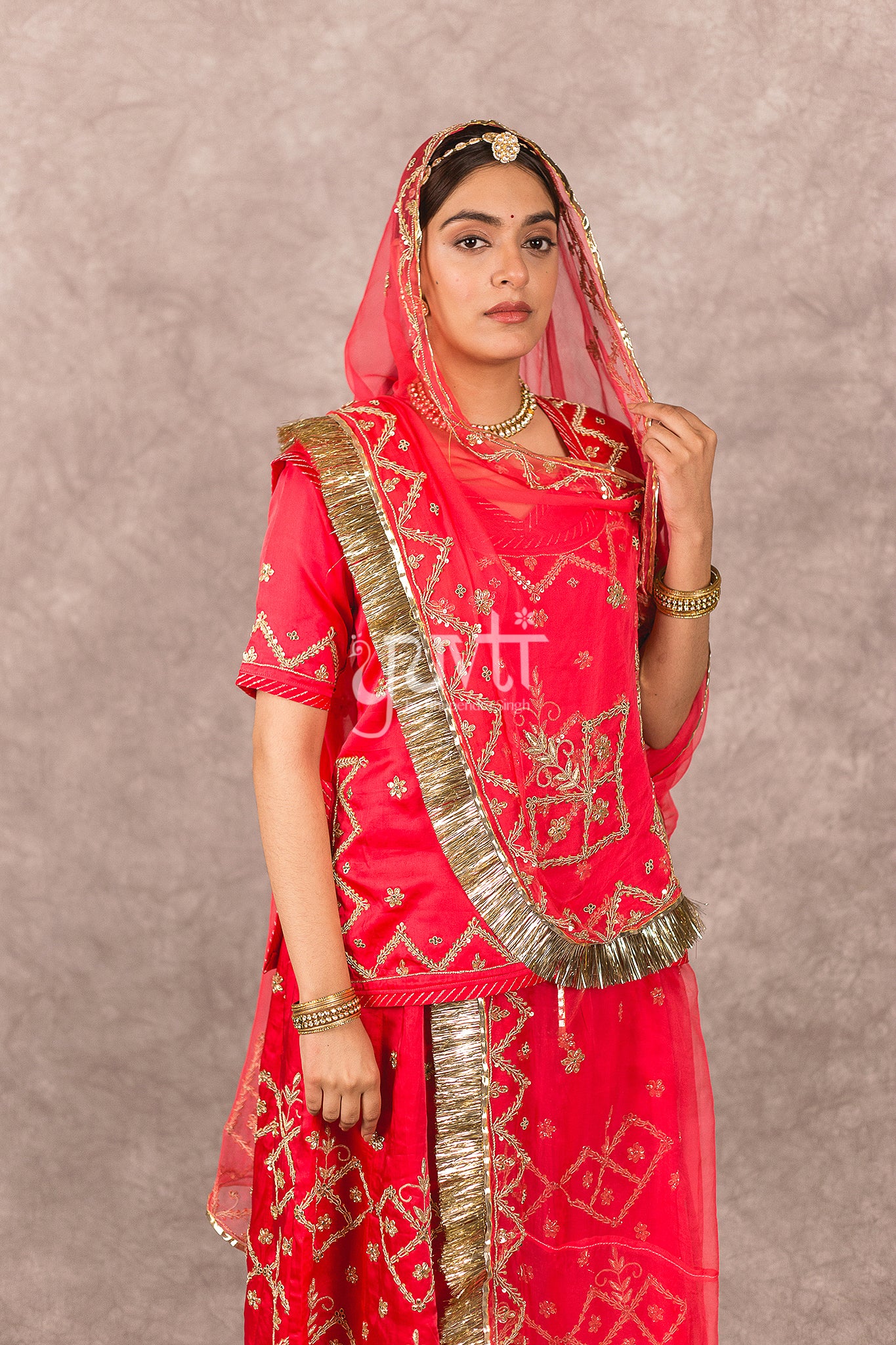 Red Bamber Satin Zardosi Sequins Highlight work Rajputi Poshak