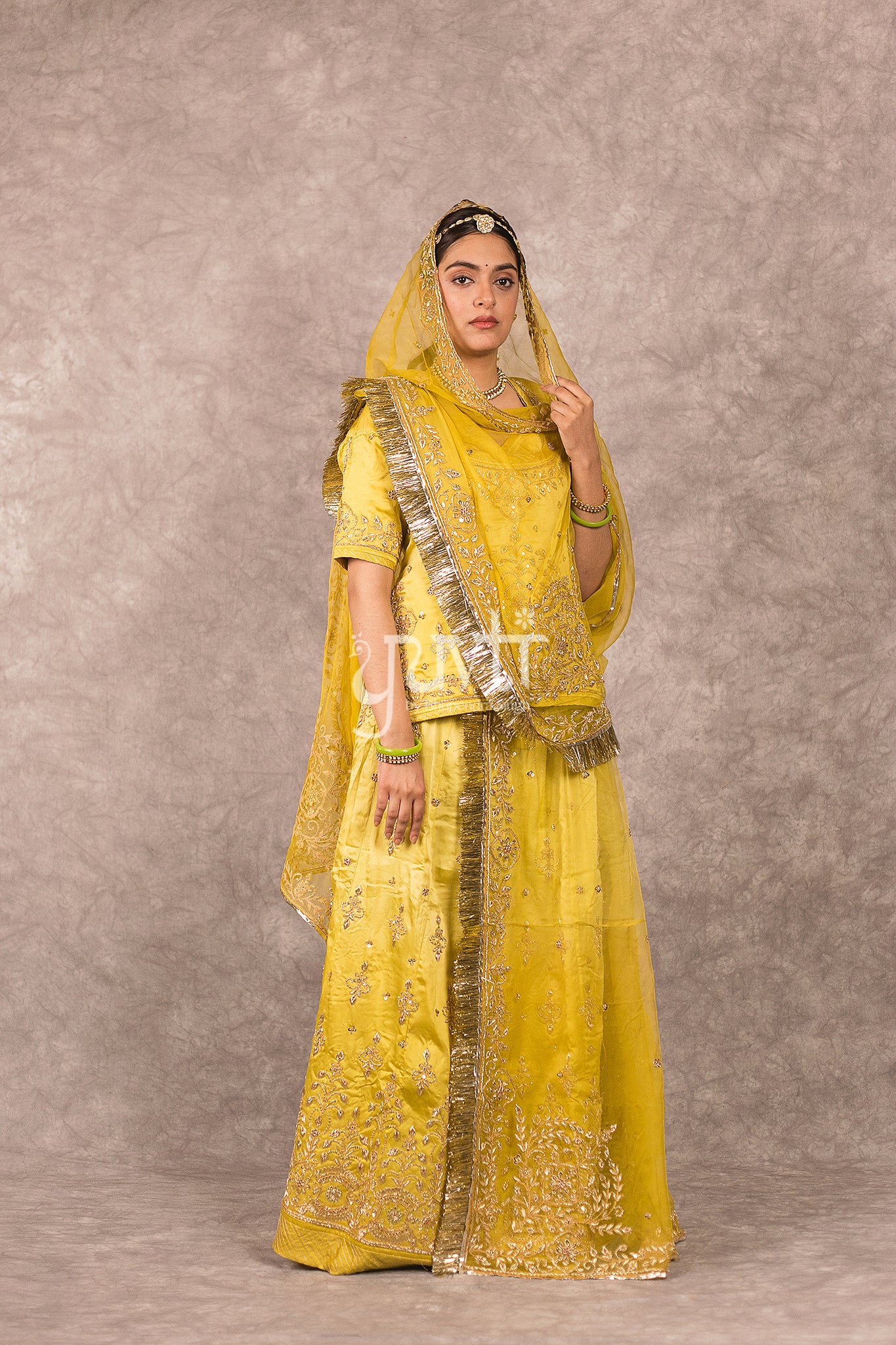 Golden Yellow Ombre bamber satin Zardosi Handwork Rajputi Poshak with Pure odhna