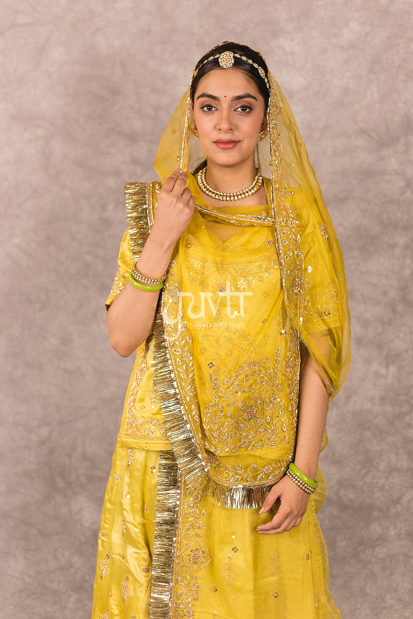 Golden Yellow Ombre bamber satin Zardosi Handwork Rajputi Poshak with Pure odhna