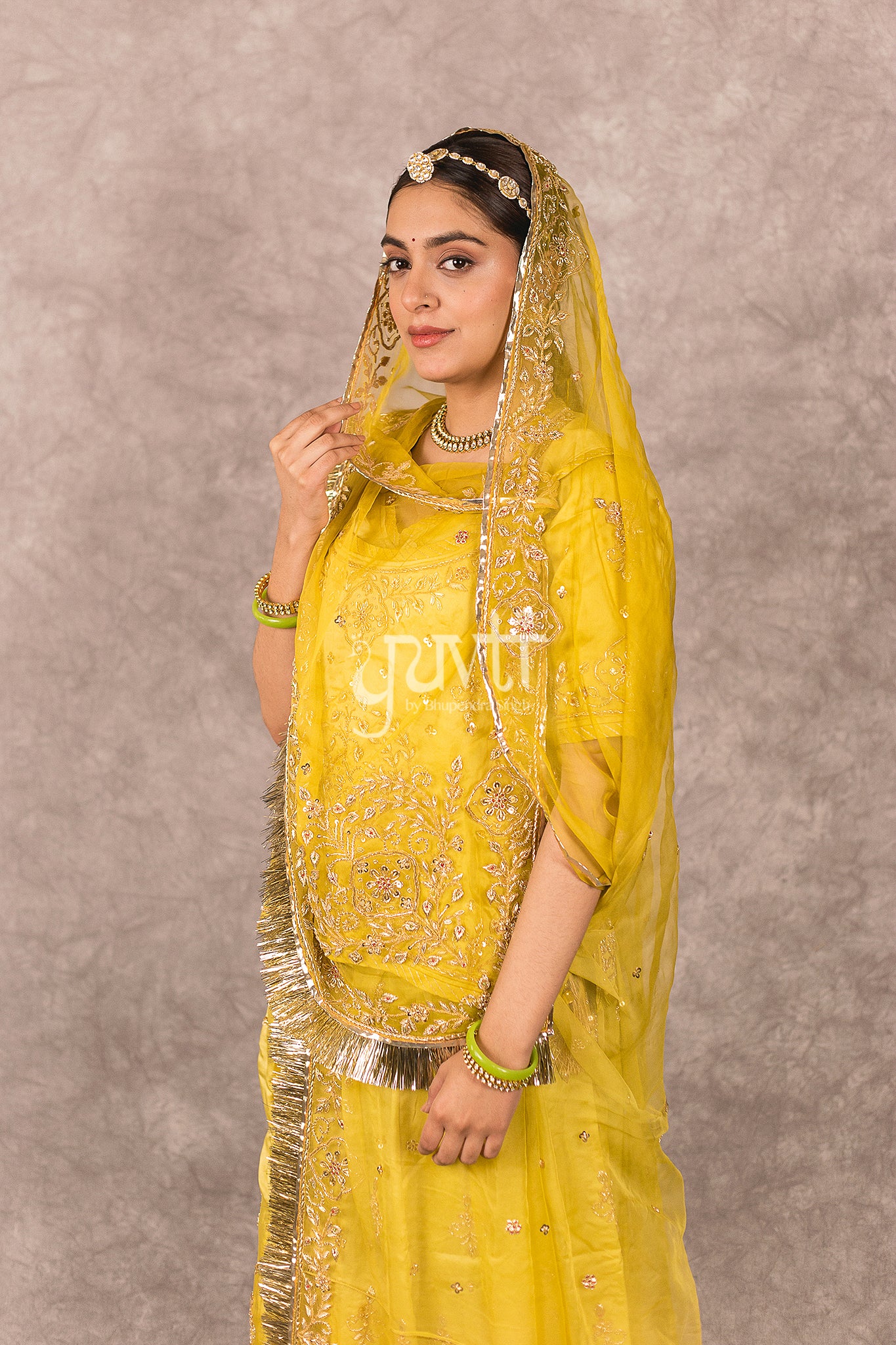 Golden Yellow Ombre bamber satin Zardosi Handwork Rajputi Poshak with Pure odhna