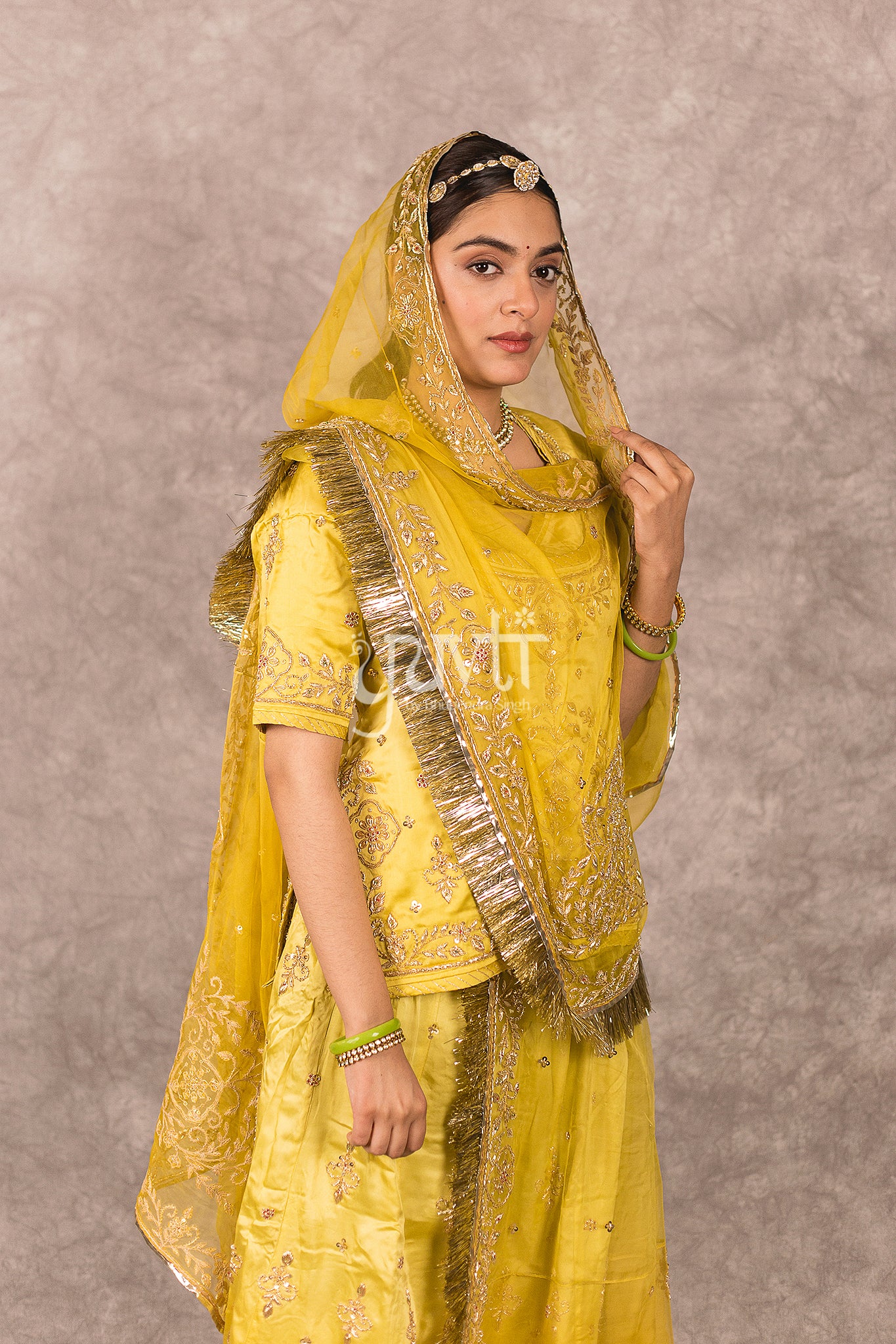 Golden Yellow Ombre bamber satin Zardosi Handwork Rajputi Poshak with Pure odhna