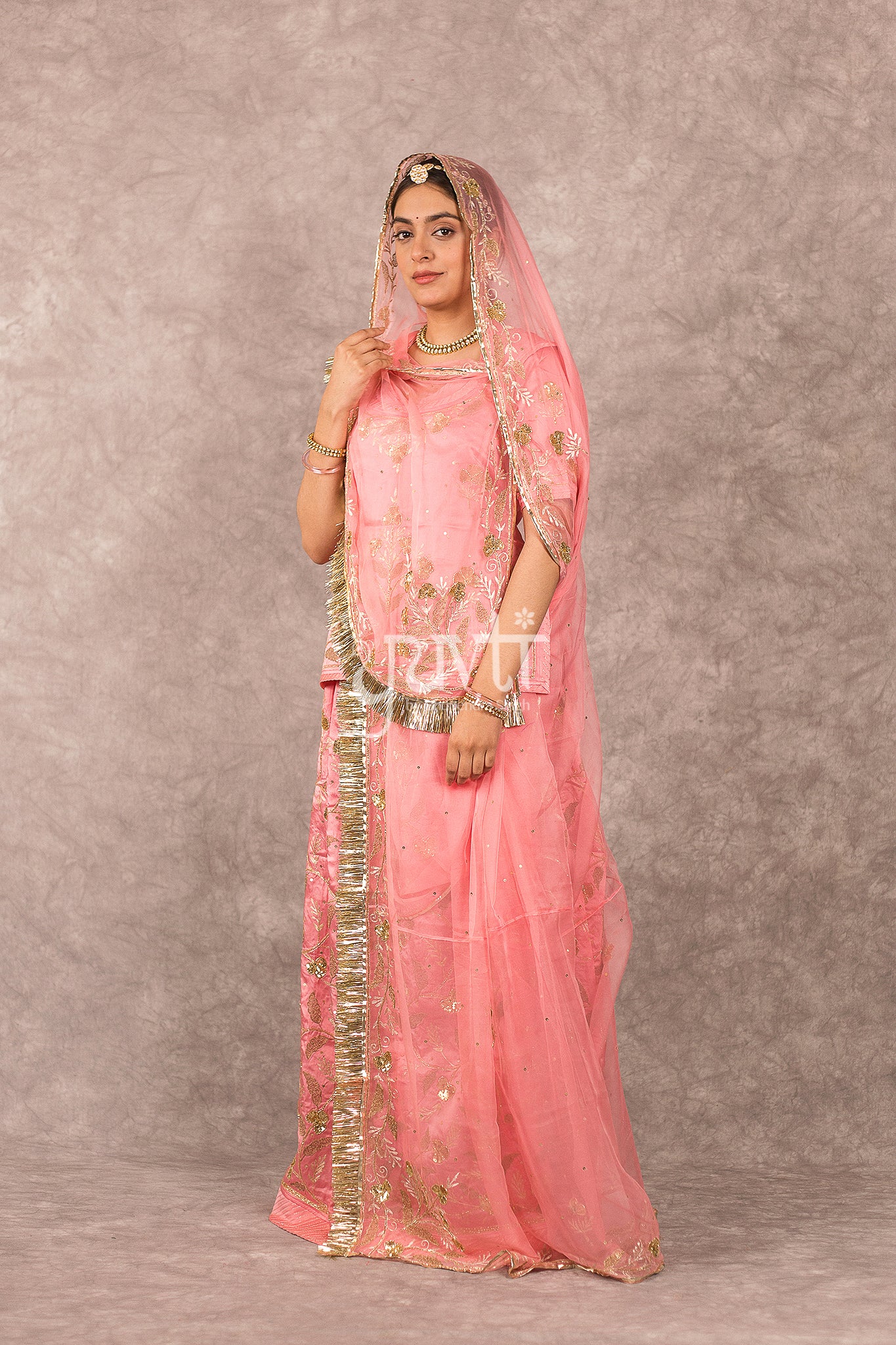 Peach Bamber Satin Aari Sequins Work Rajputi Poshak