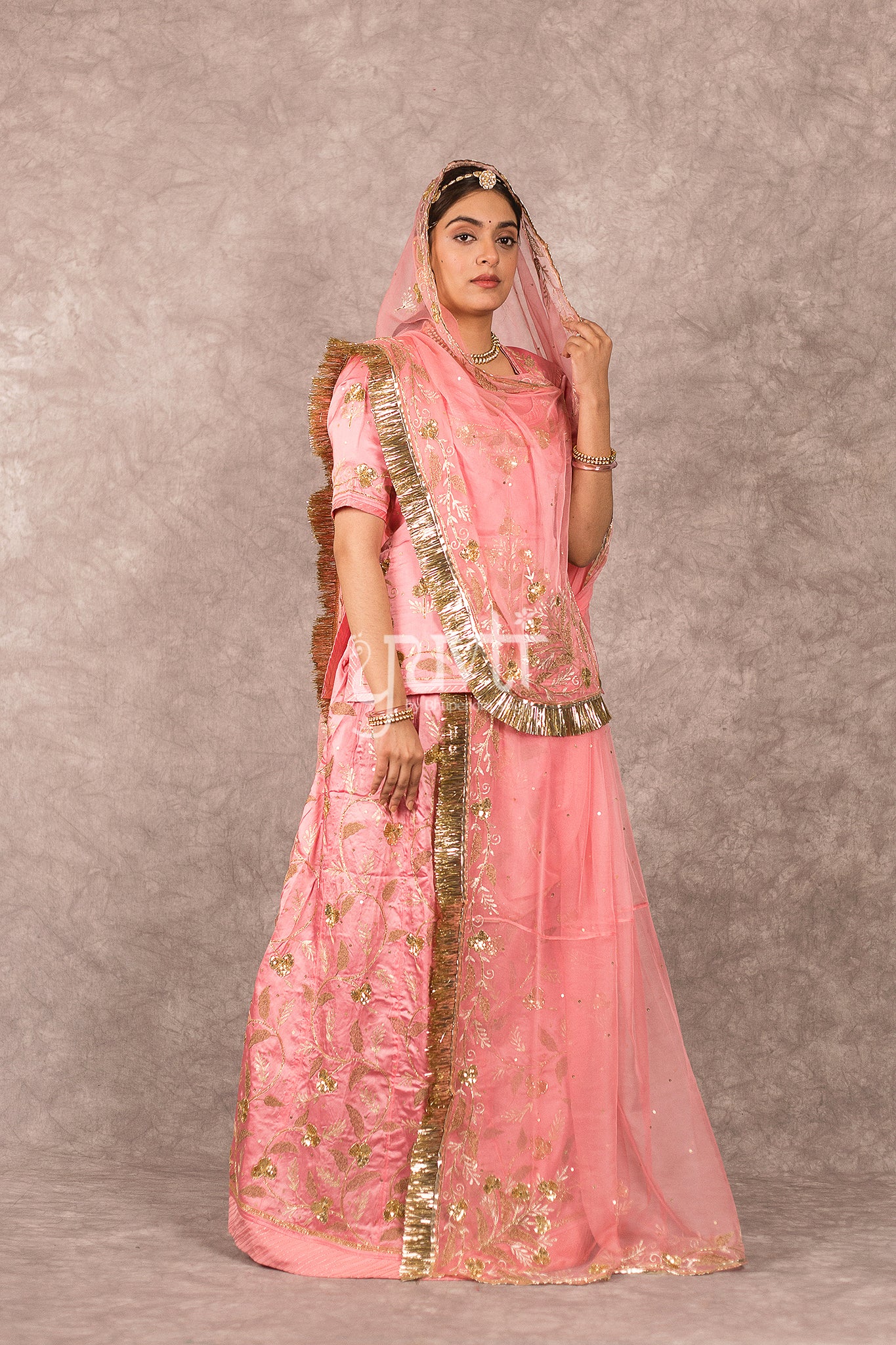 Peach Bamber Satin Aari Sequins Work Rajputi Poshak