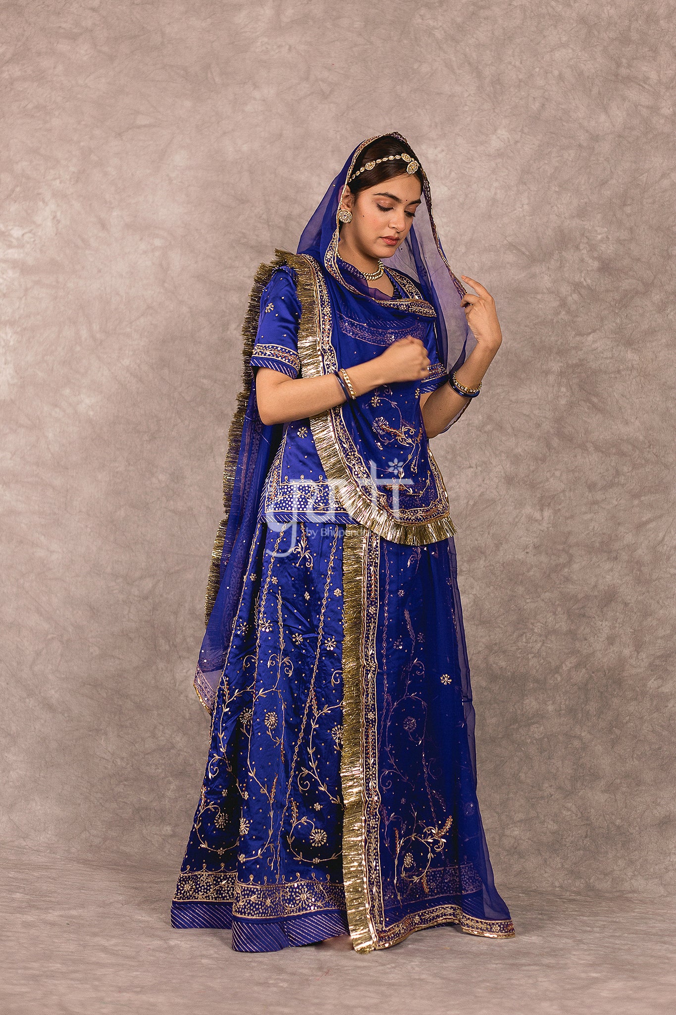 Blue Dori Sequins work Bamber Satin Rajputi Poshak