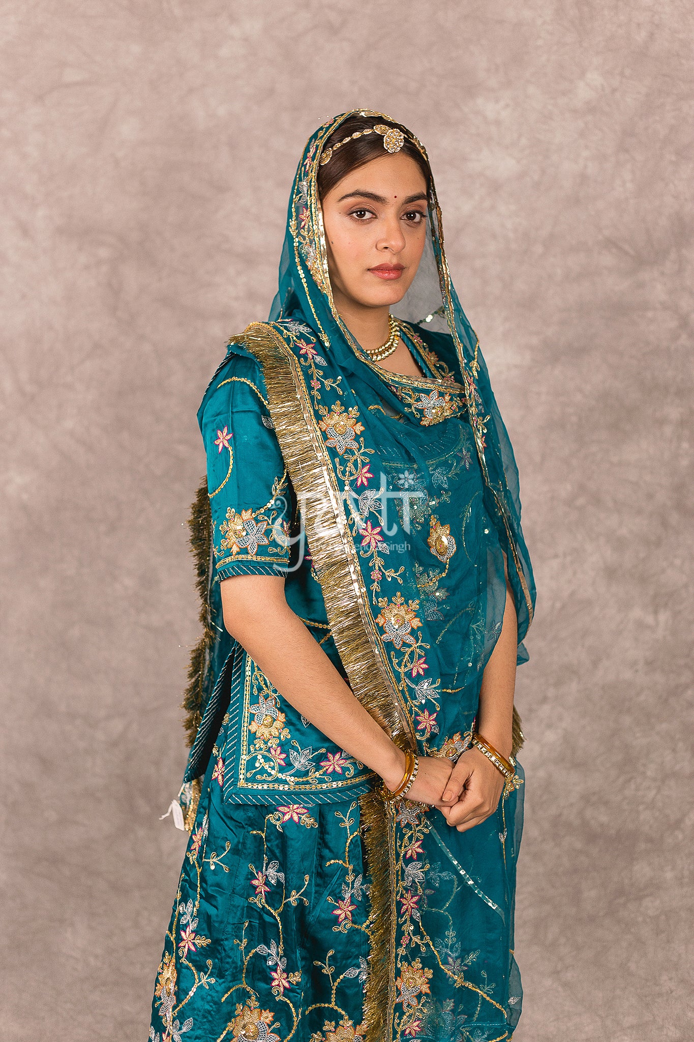 Rama Green bamber satin Aari Resham Sequins Handwork Rajputi Poshak with Pure odhna