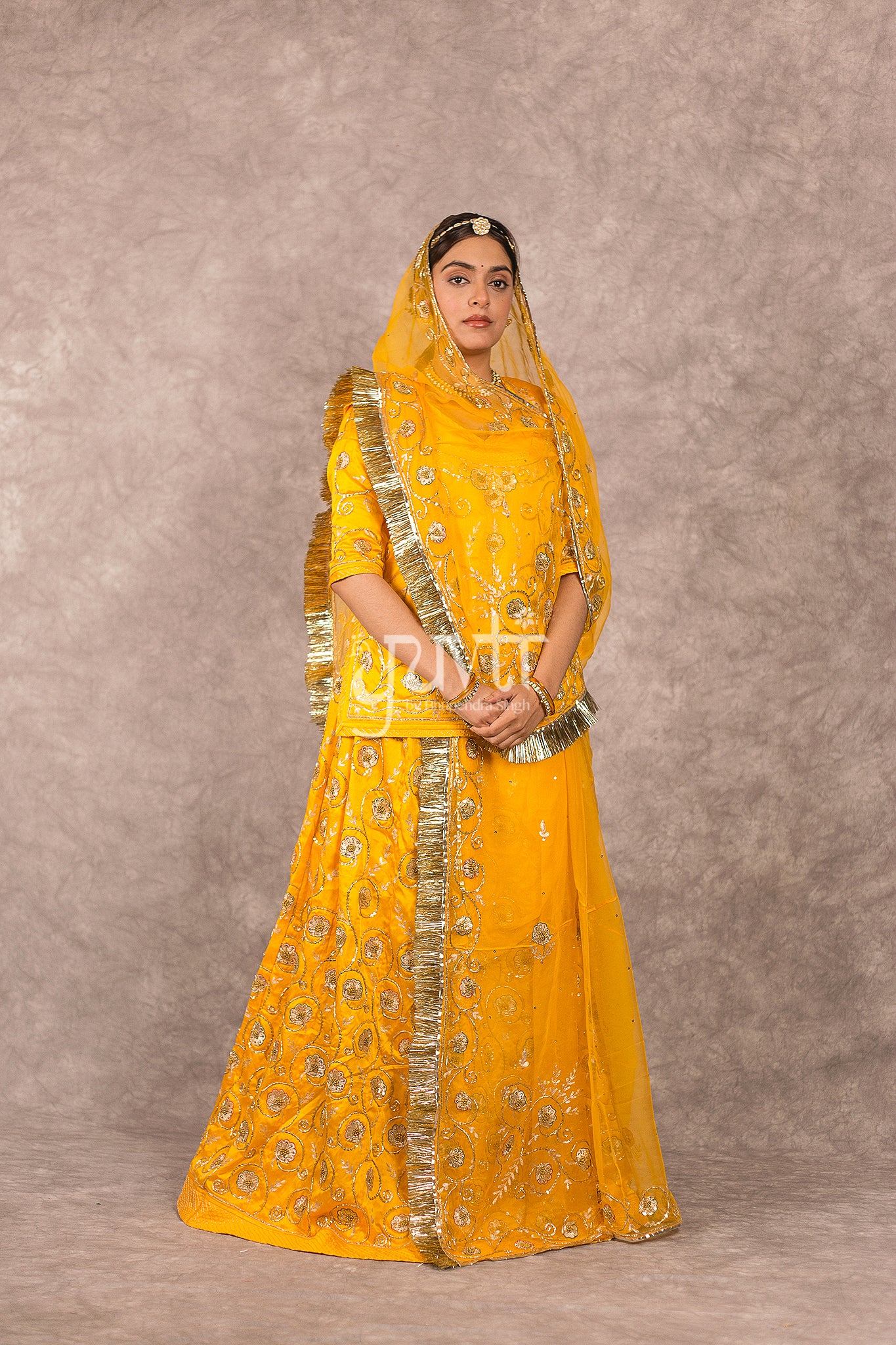 Yellow Aari Sequins Salma Jaal work Bamber satin Rajputi Poshak